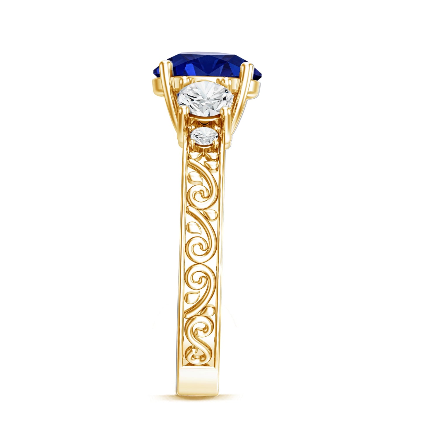 Round Created Blue Sapphire and Moissanite Art Deco Engagement Ring in Gold