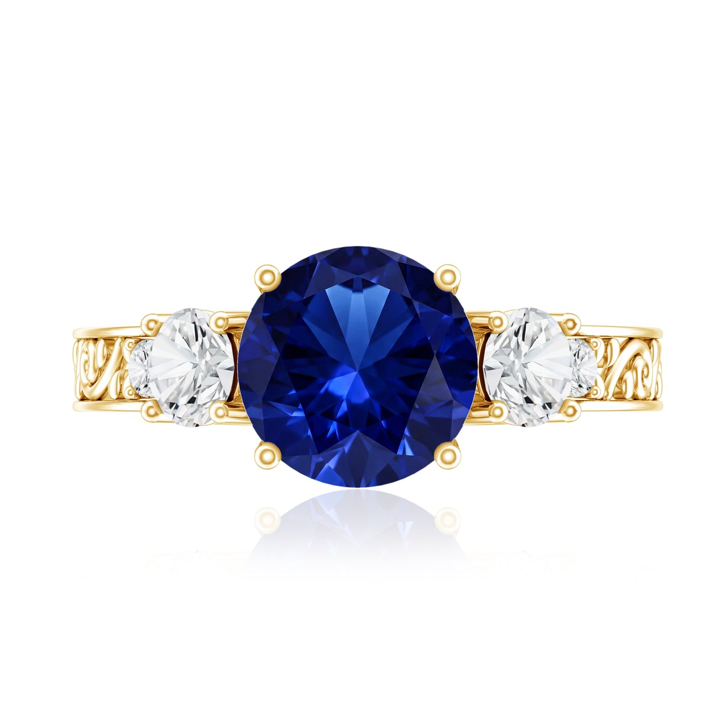 Round Created Blue Sapphire and Moissanite Art Deco Engagement Ring in Gold