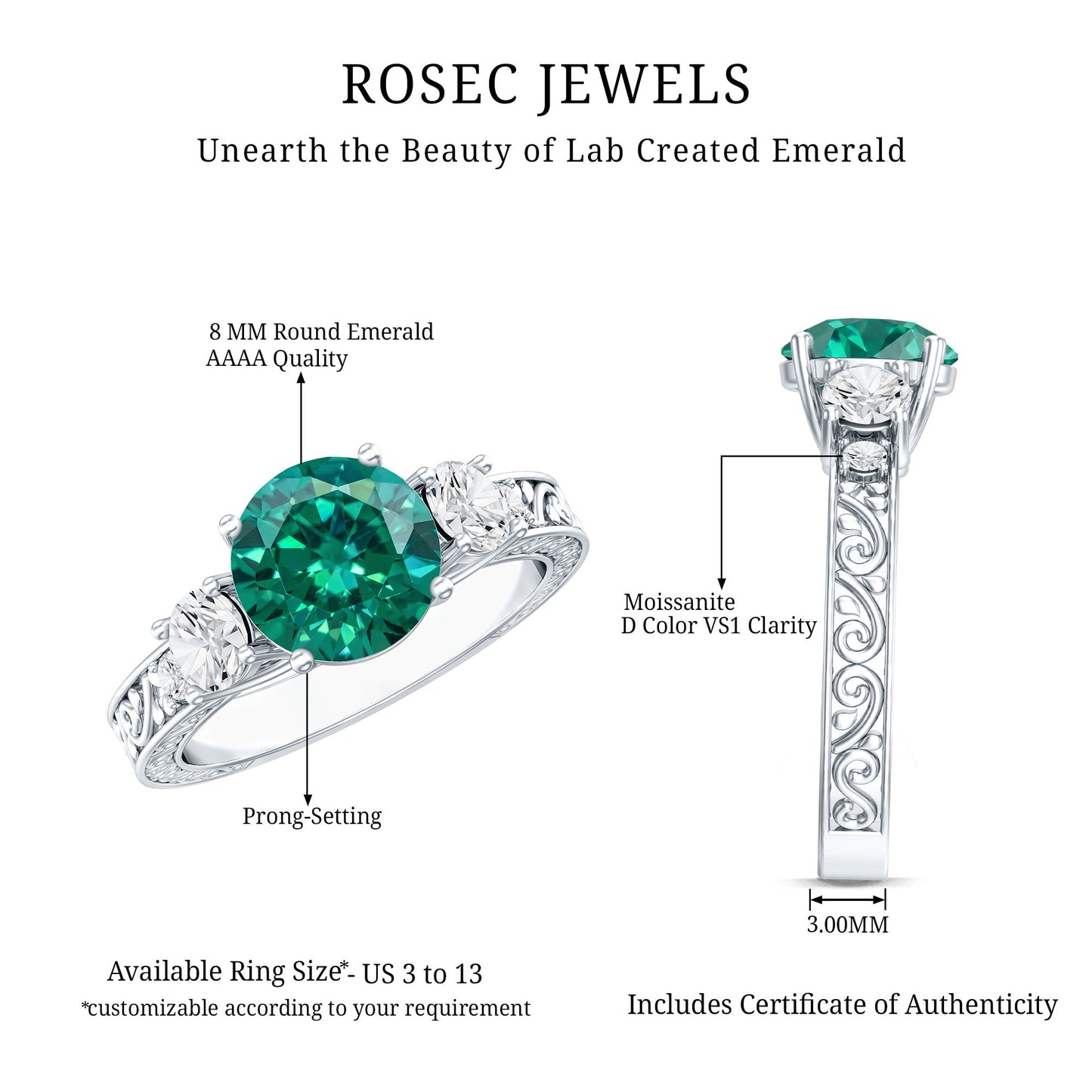 Antique Style Lab Grown Emerald Three Stone Engagement Ring with Moissanite