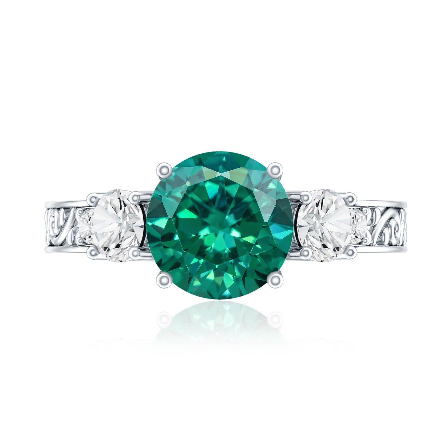 Antique Style Lab Grown Emerald Three Stone Engagement Ring with Moissanite