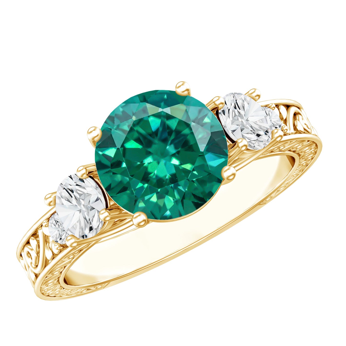 Antique Style Lab Grown Emerald Three Stone Engagement Ring with Moissanite