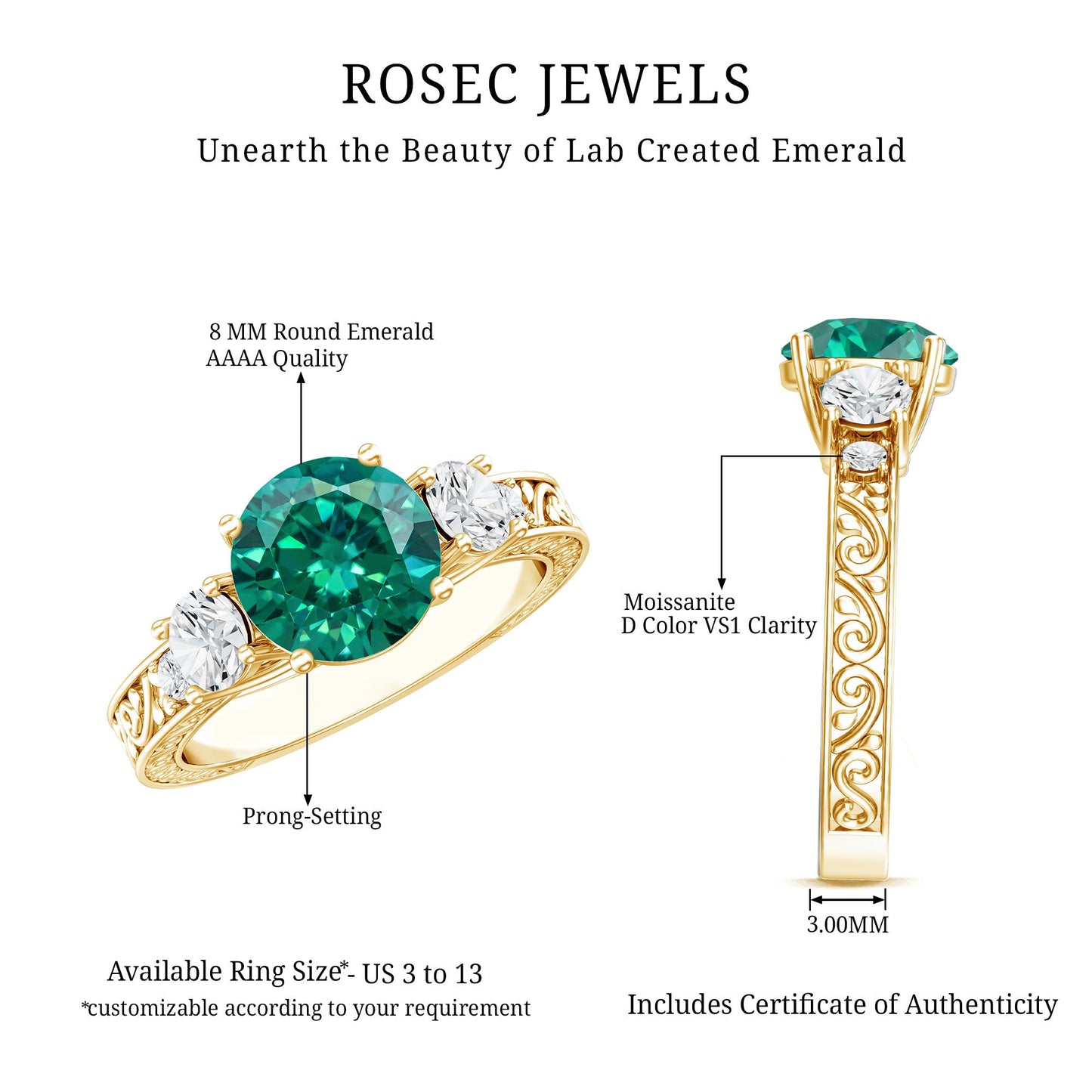 Antique Style Lab Grown Emerald Three Stone Engagement Ring with Moissanite