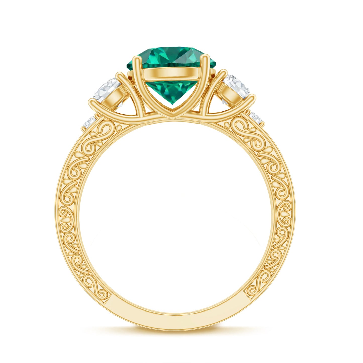 Antique Style Lab Grown Emerald Three Stone Engagement Ring with Moissanite