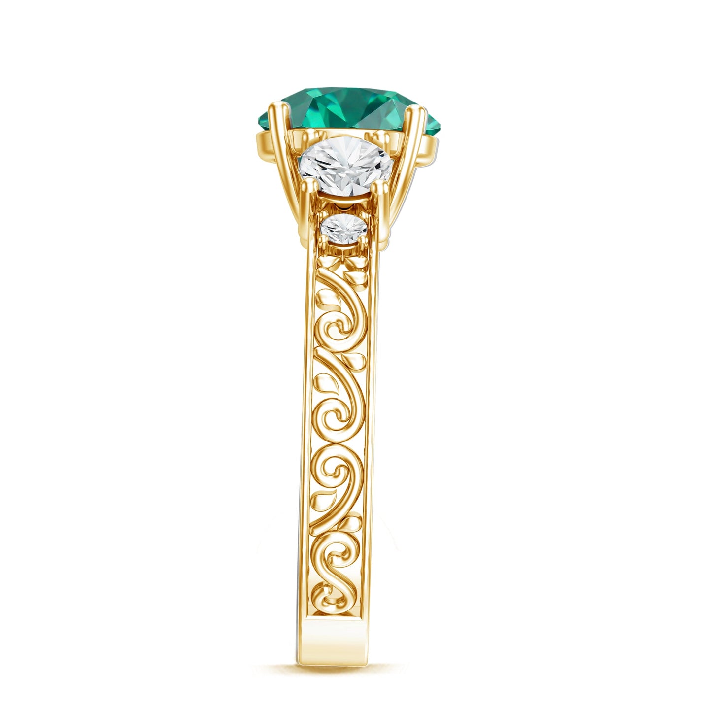 Antique Style Lab Grown Emerald Three Stone Engagement Ring with Moissanite
