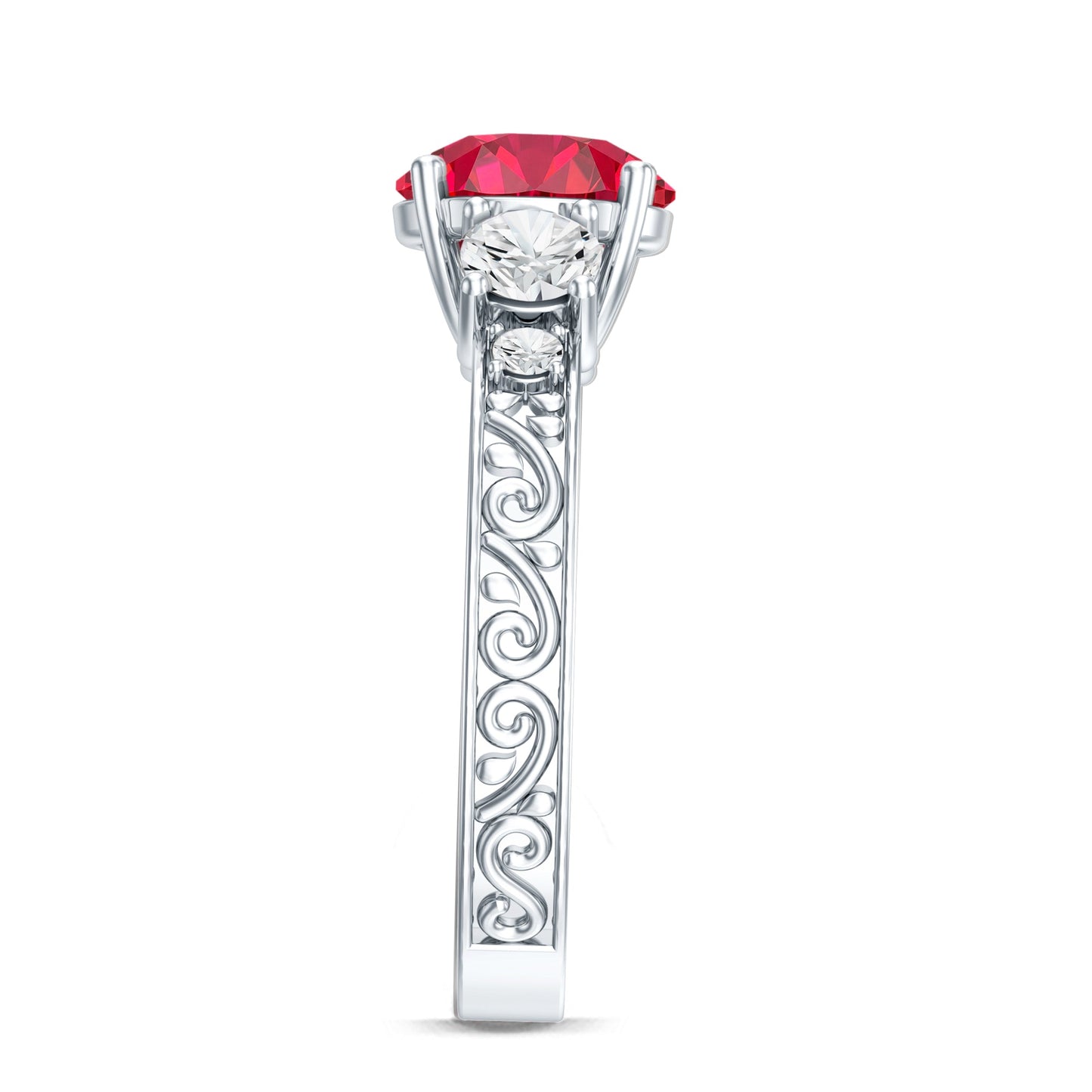 Lab Made 2.3 Carat Ruby and Moissanite 3 Stone Engagement Ring With Certificate