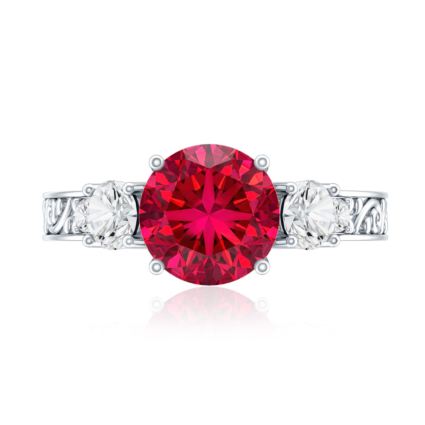 Lab Made 2.3 Carat Ruby and Moissanite 3 Stone Engagement Ring With Certificate