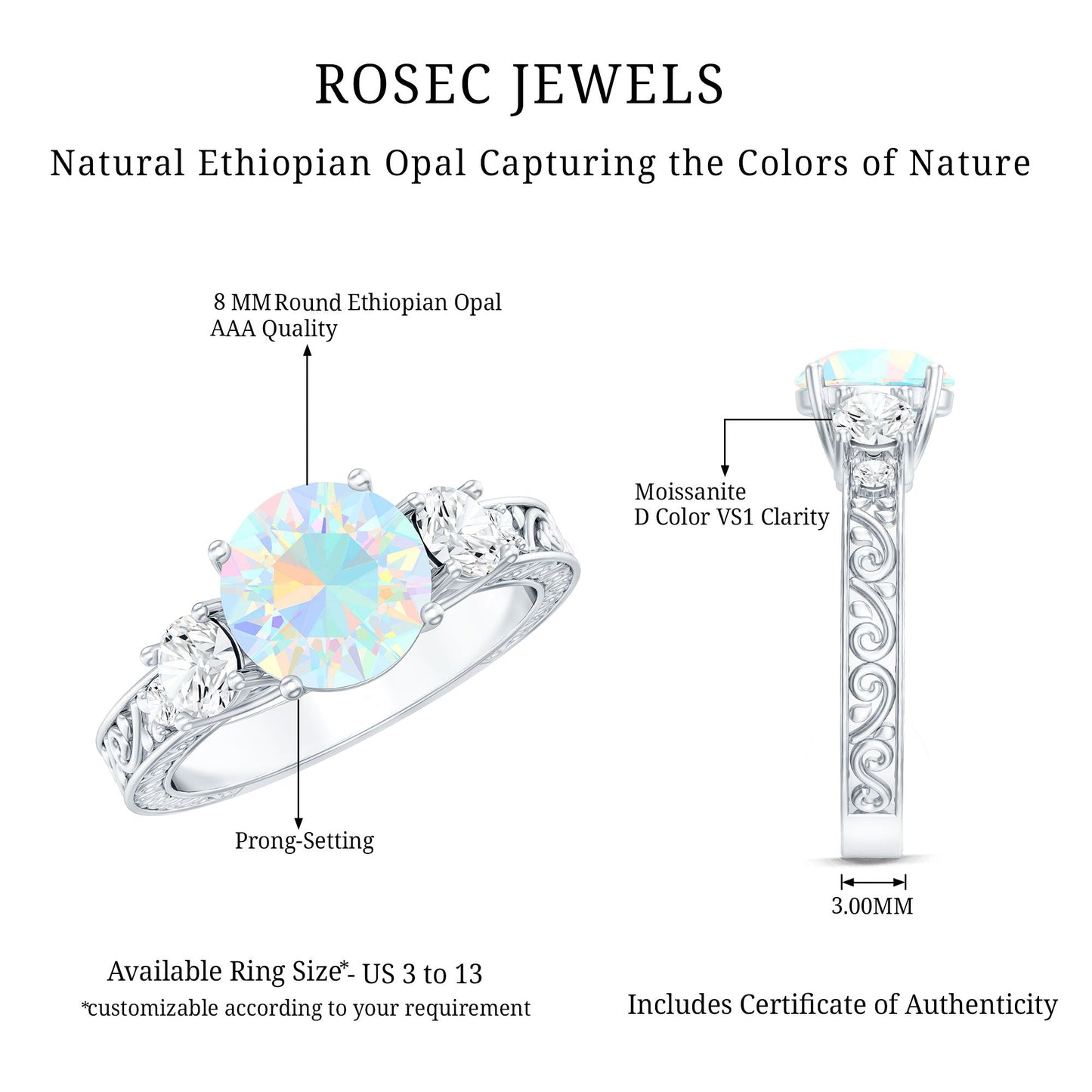 Certified 2 Carat Real Ethiopian Opal 3 Stone Engagement Ring With Certificate