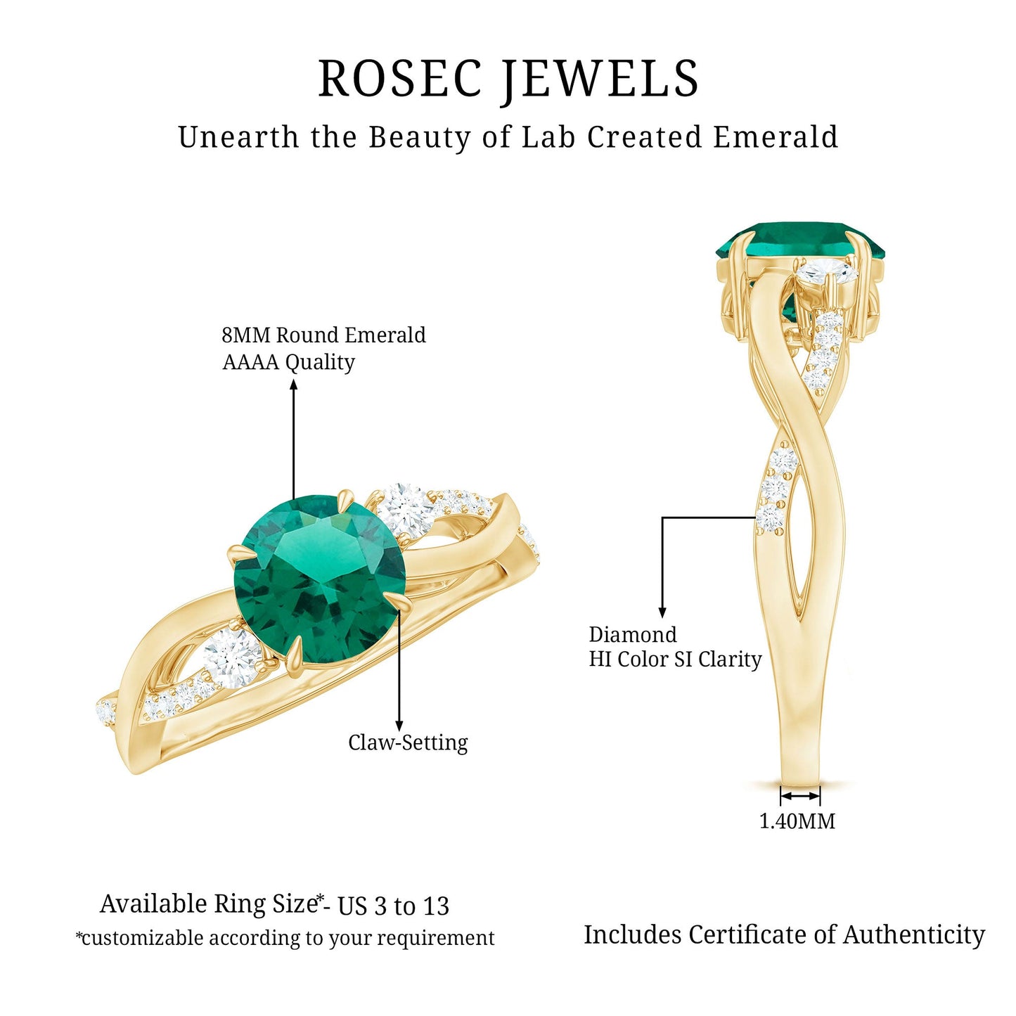 2 Carat Lab Grown Emerald and Diamond Engagement Ring with Crossover Shank