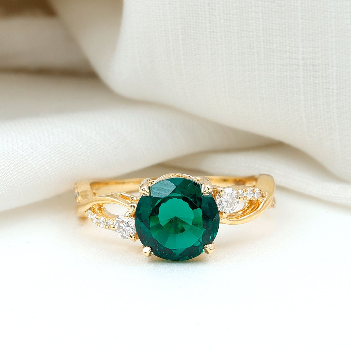 2 Carat Lab Grown Emerald and Diamond Engagement Ring with Crossover Shank