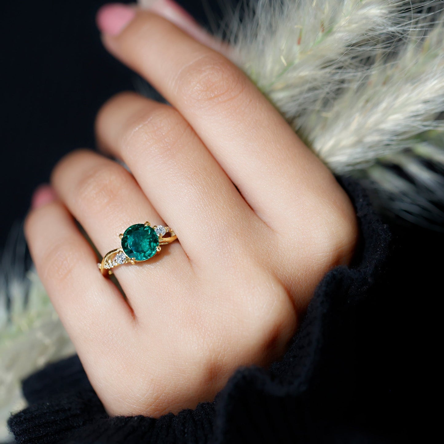 2 Carat Lab Grown Emerald and Diamond Engagement Ring with Crossover Shank