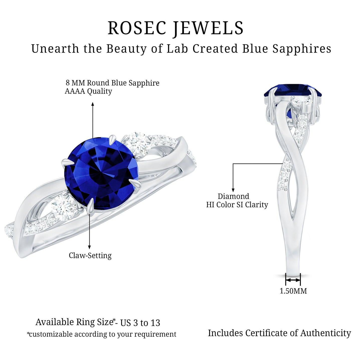 Certified 2.7 Carat Lab Grown Blue Sapphire Engagement Ring with Diamond Crossover Shank