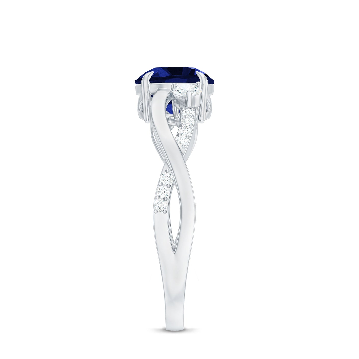 Certified 2.7 Carat Lab Grown Blue Sapphire Engagement Ring with Diamond Crossover Shank