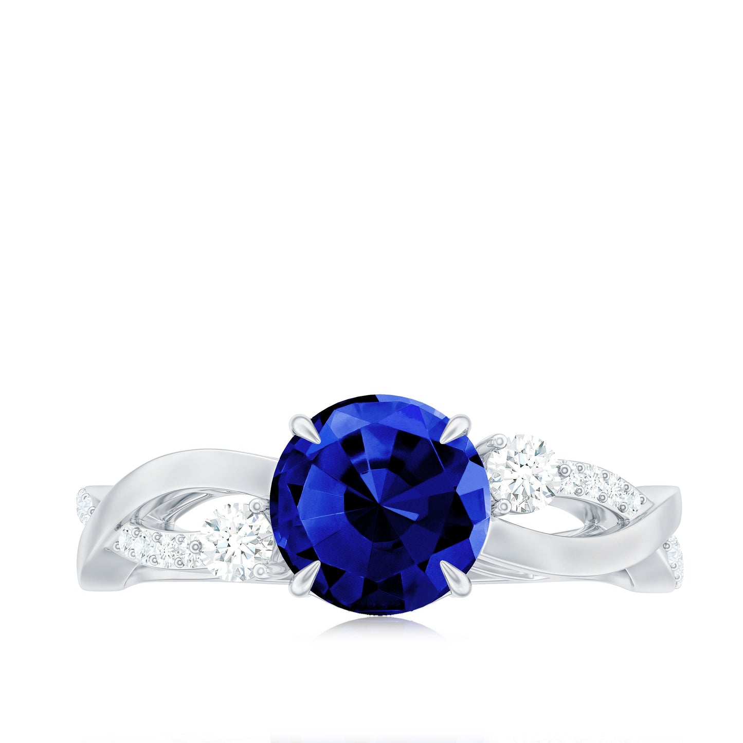 Certified 2.7 Carat Lab Grown Blue Sapphire Engagement Ring with Diamond Crossover Shank
