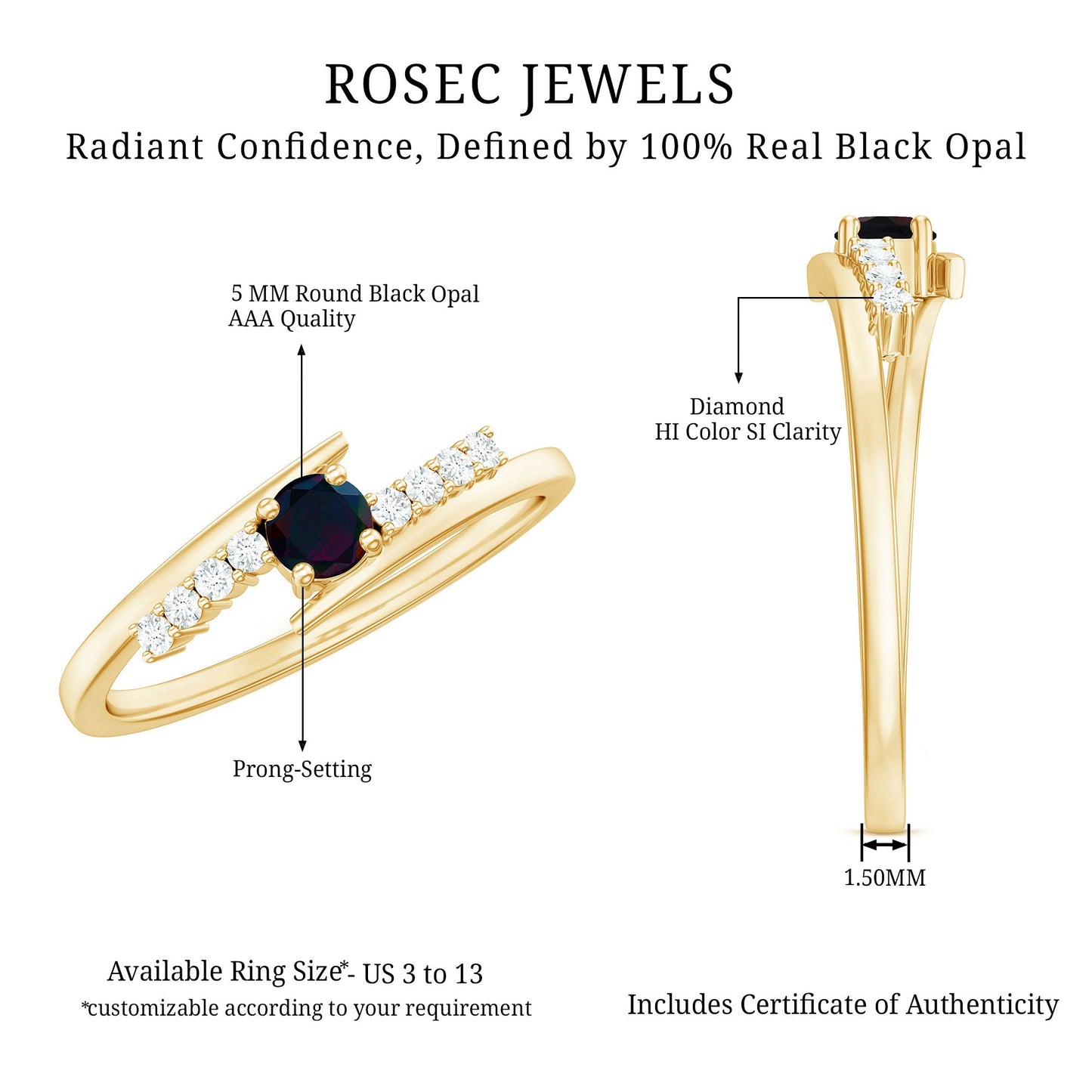 Minimal Round Black Opal and Diamond Bypass Promise Ring