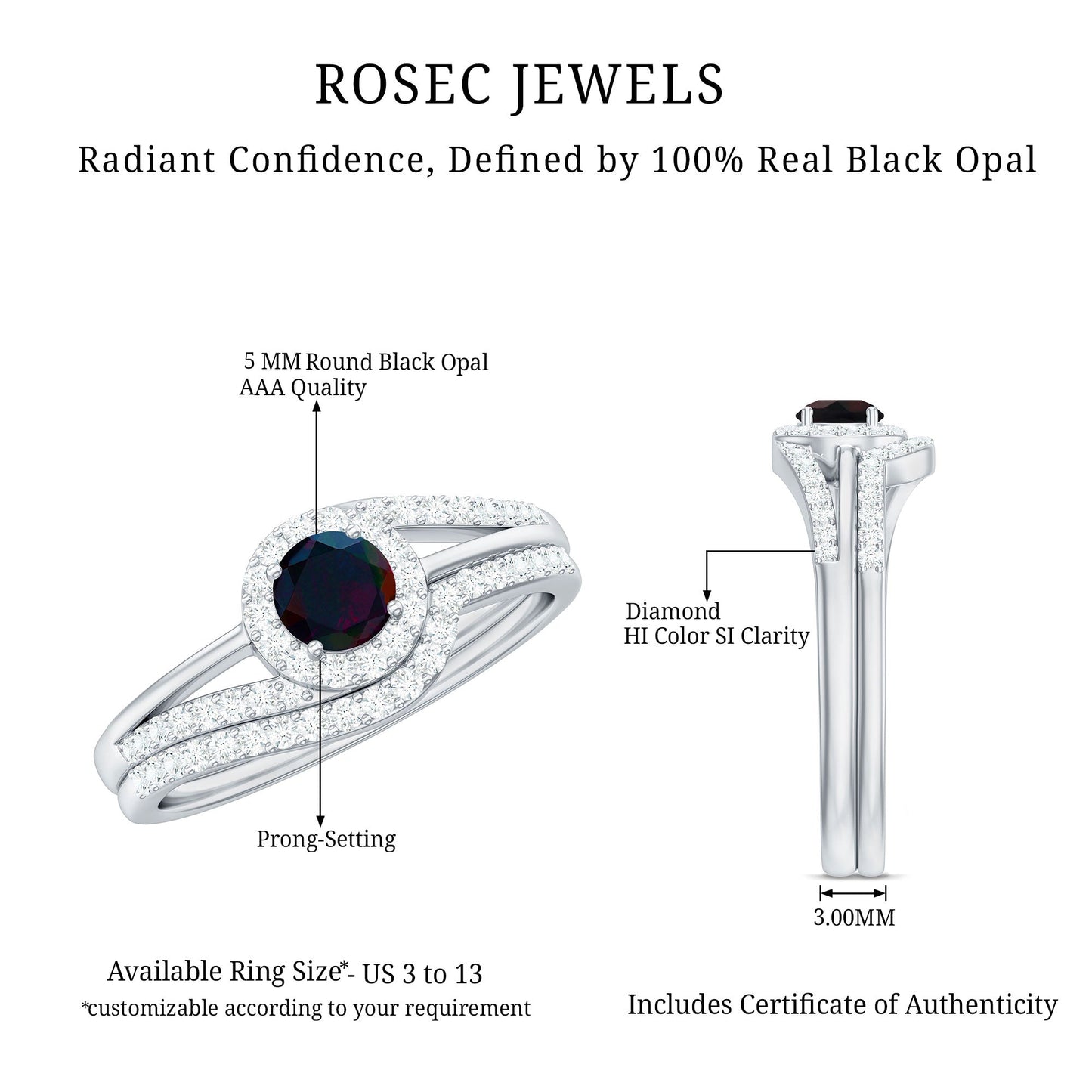 0.45 Carat Classic Black Opal Engagement Ring with Diamond Enhancer