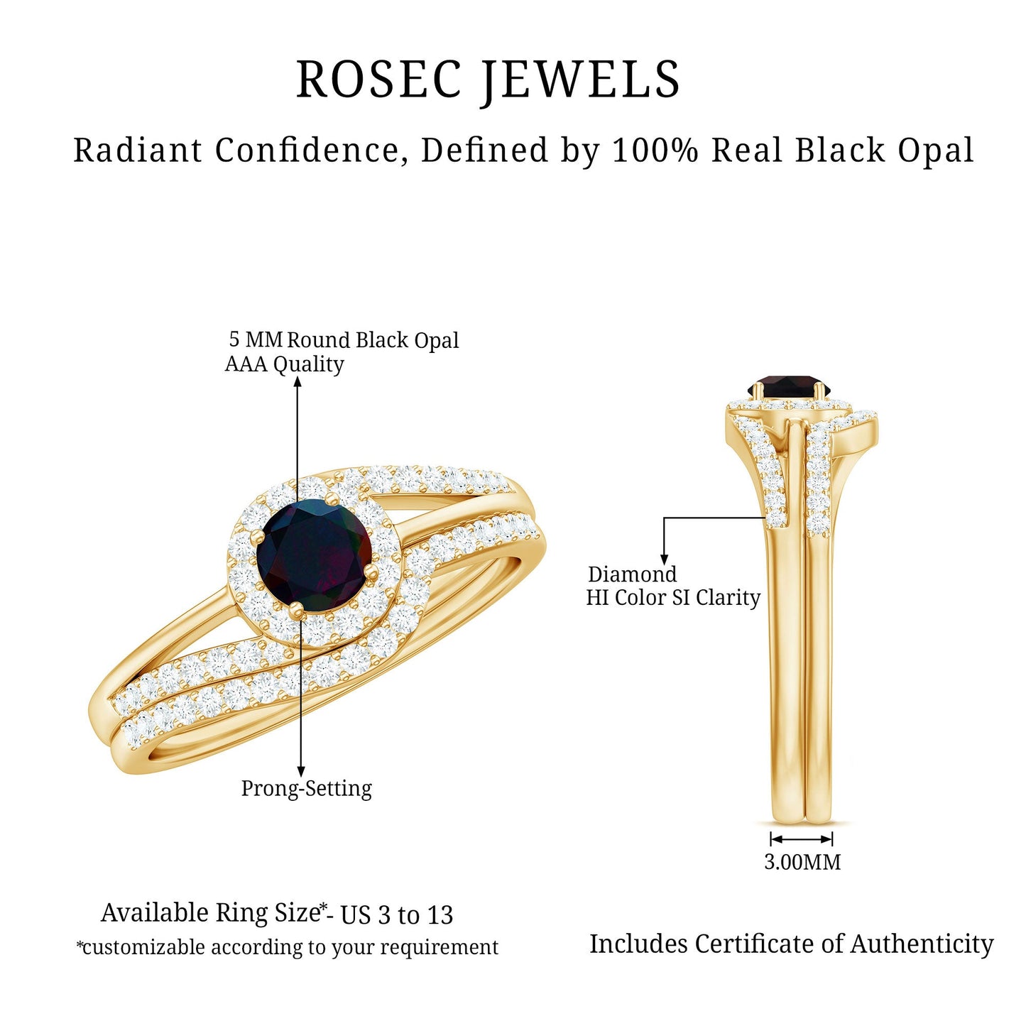0.45 Carat Classic Black Opal Engagement Ring with Diamond Enhancer