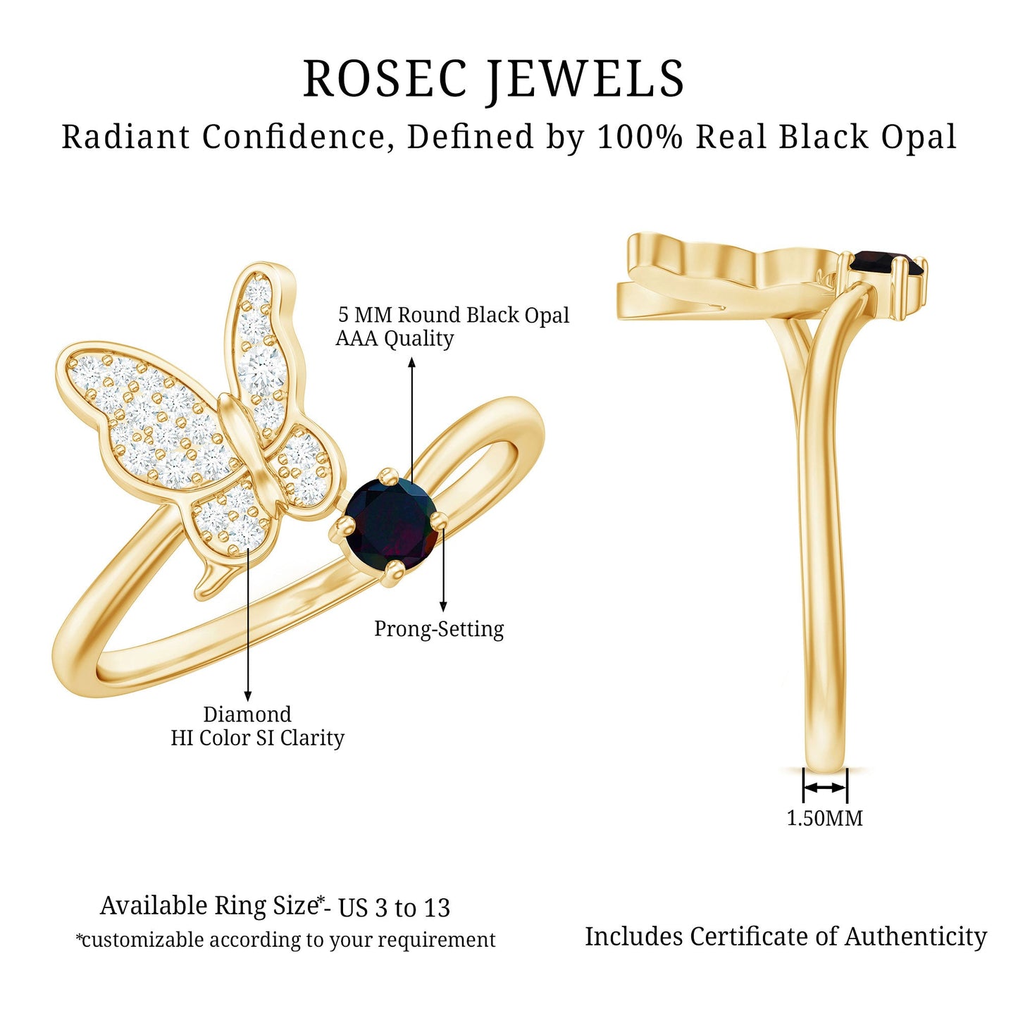 Natural Black Opal and Diamond Butterfly Ring