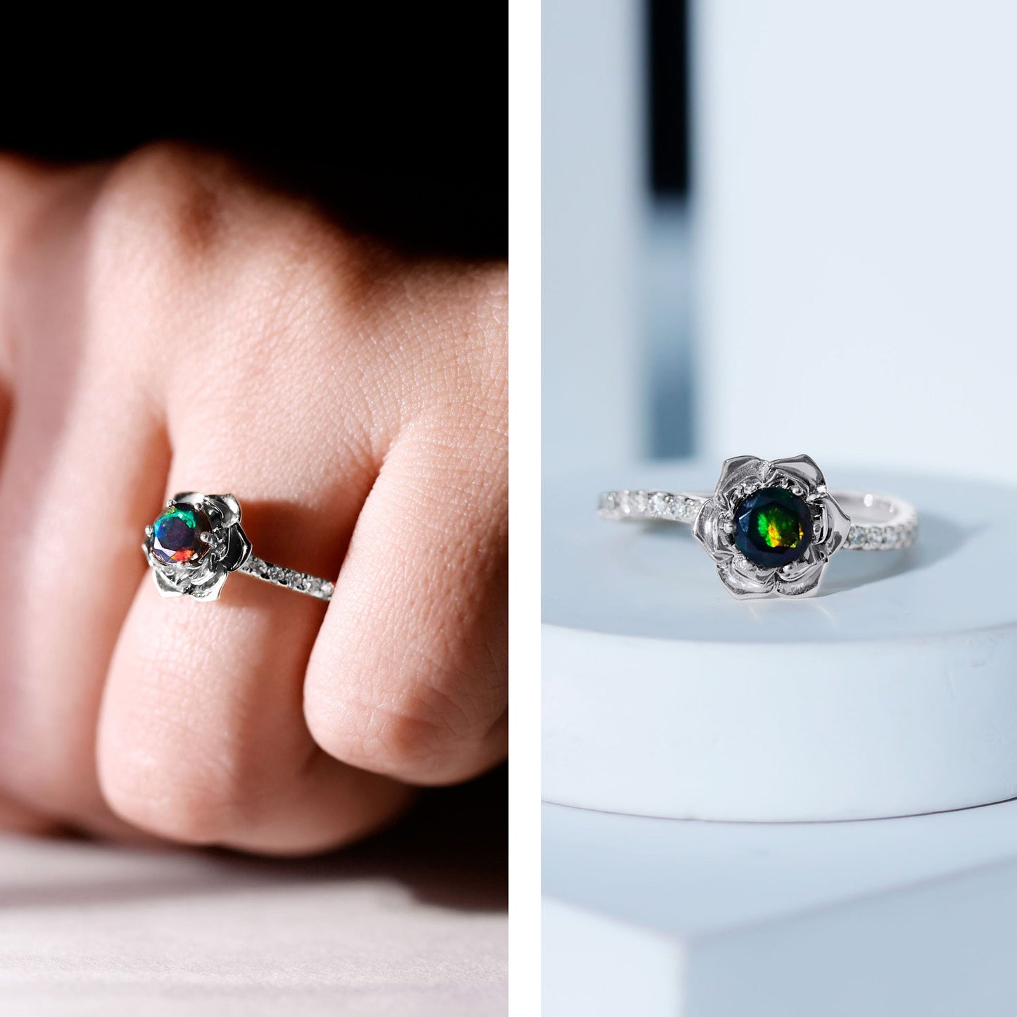 Real Black Opal and Diamond Flower Engagement Ring