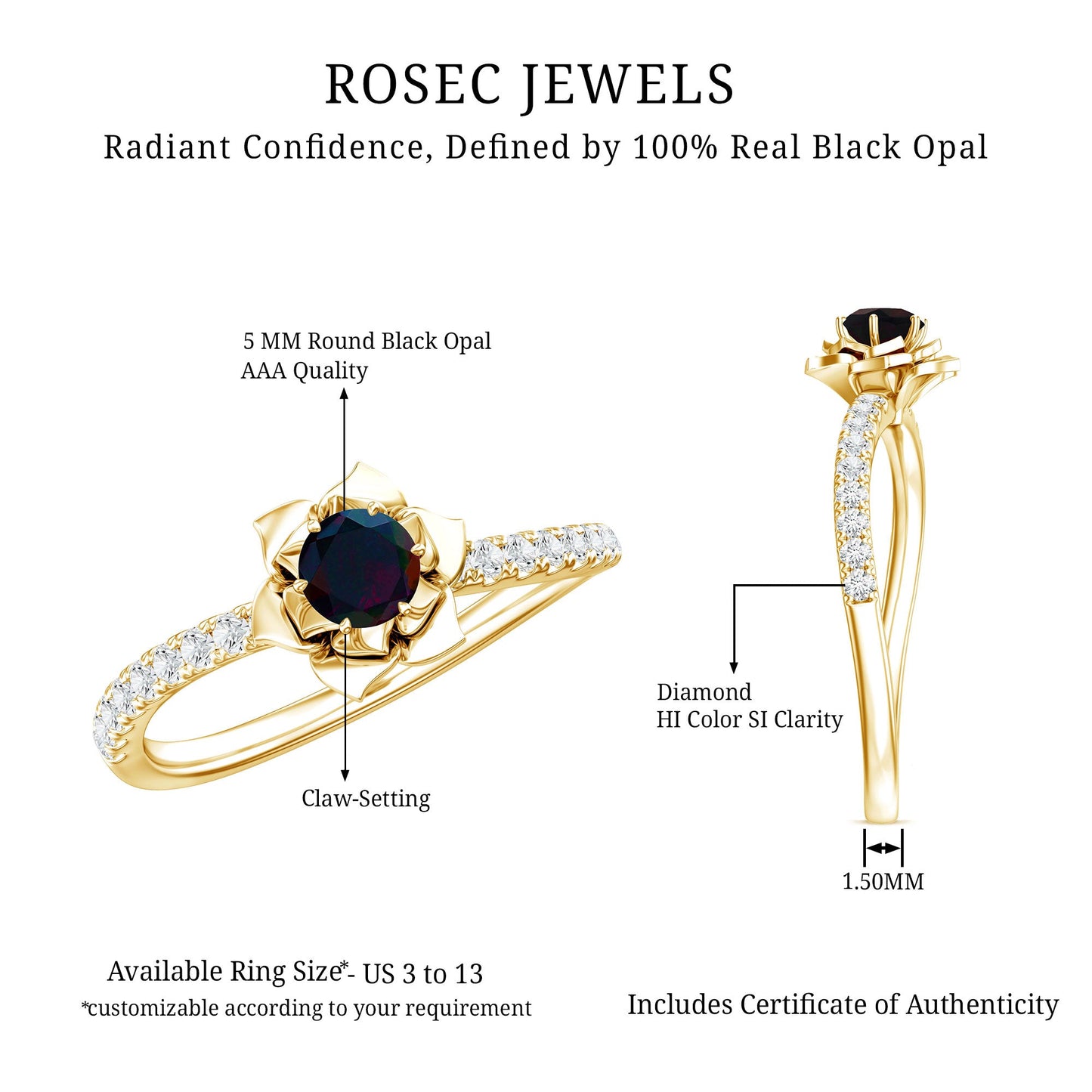 Real Black Opal and Diamond Flower Engagement Ring