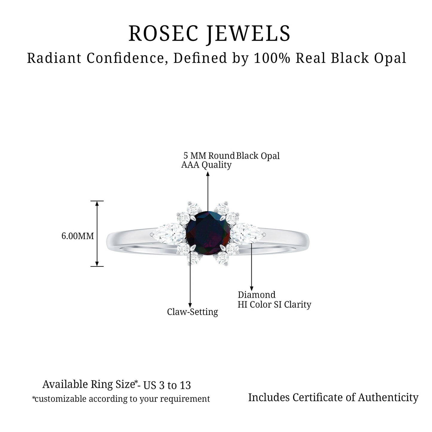 Claw Set Round Black Opal and Diamond Promise Ring