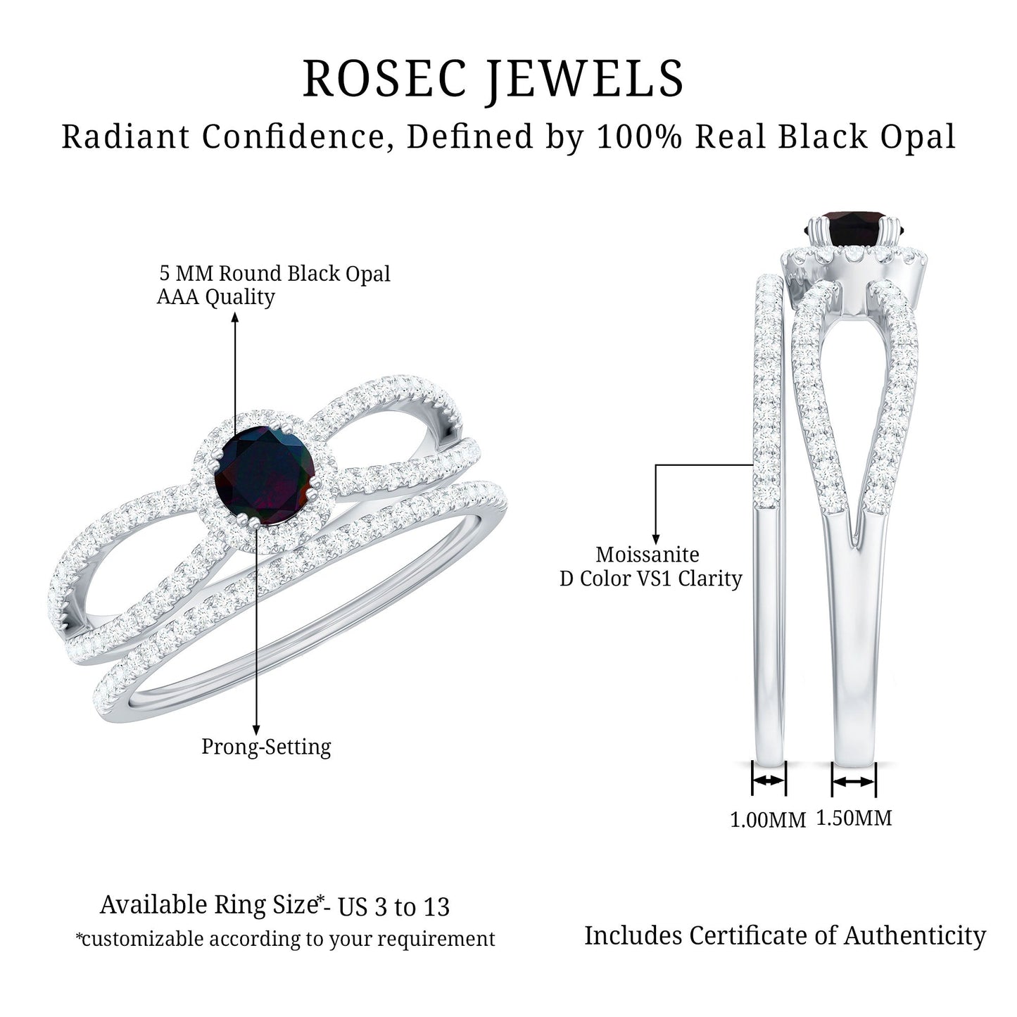 Certified Round Black Opal Wedding Ring Set with Moissanite