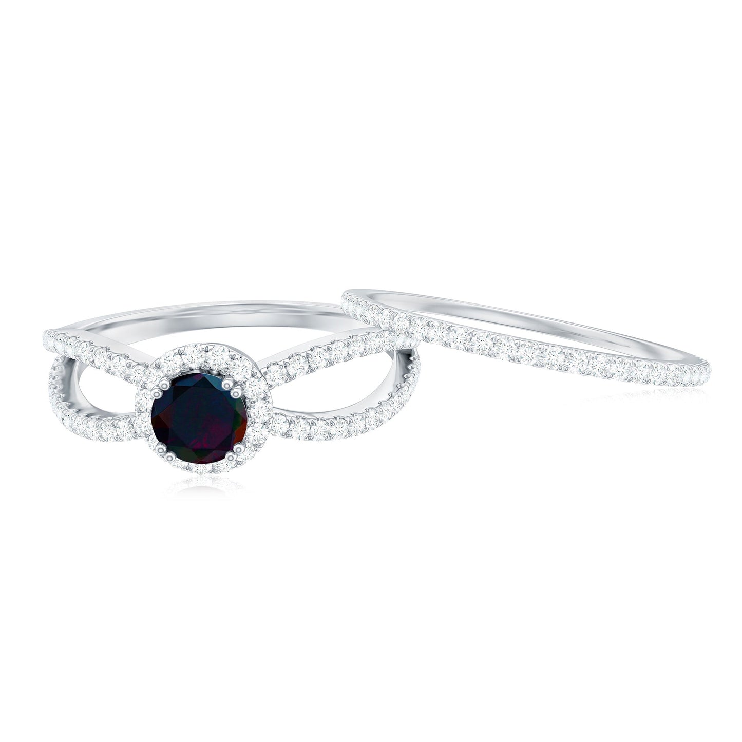 Certified Round Black Opal Wedding Ring Set with Moissanite