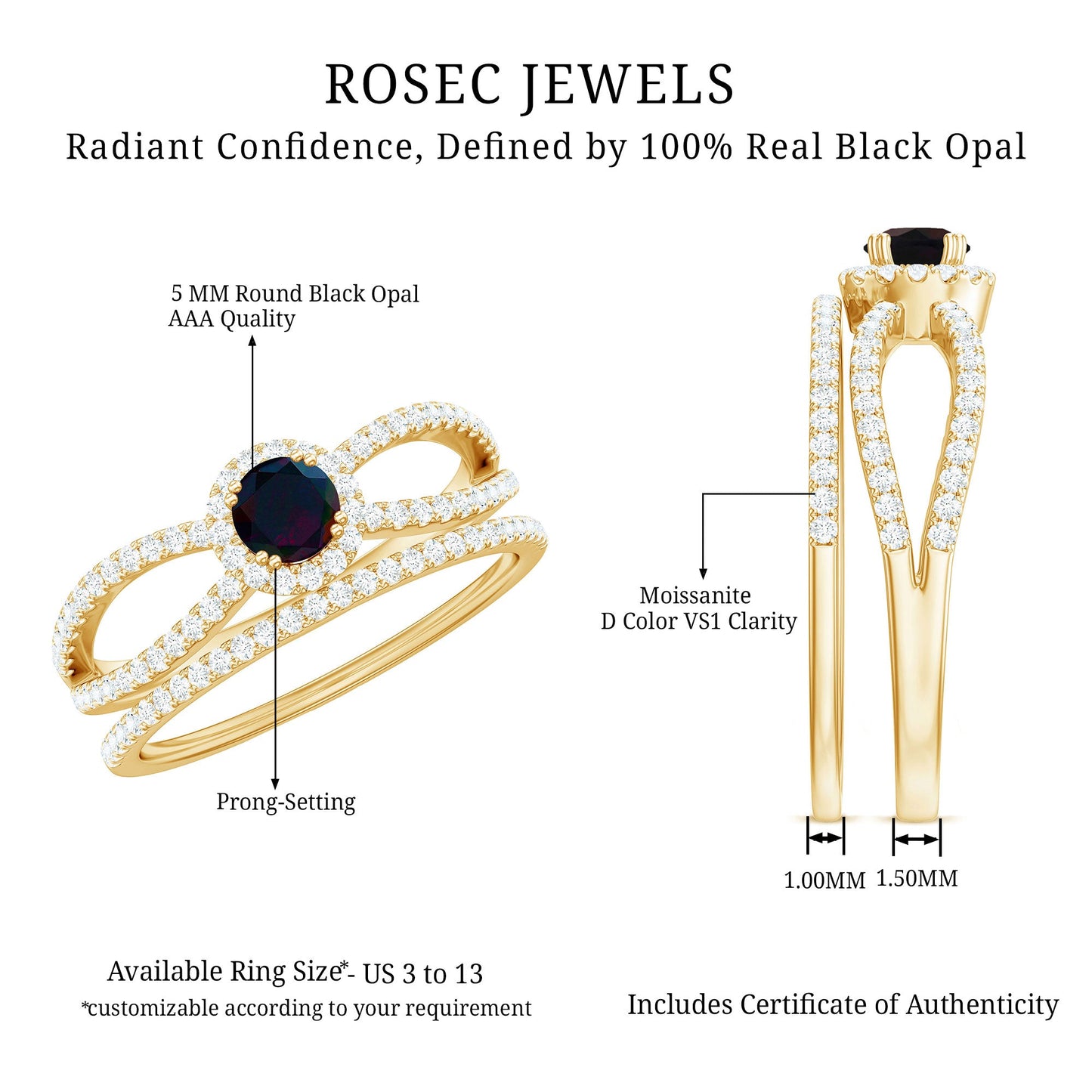 Certified Round Black Opal Wedding Ring Set with Moissanite