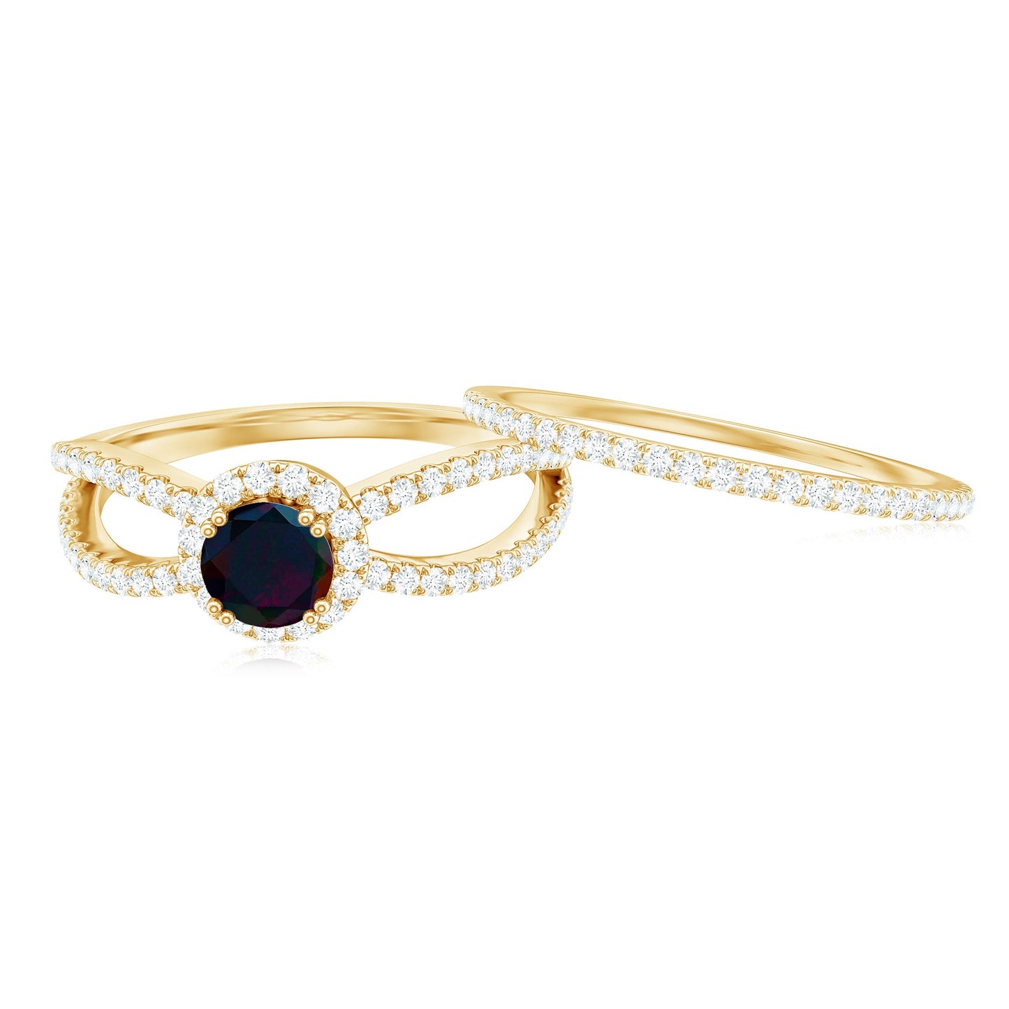 Certified Round Black Opal Wedding Ring Set with Moissanite