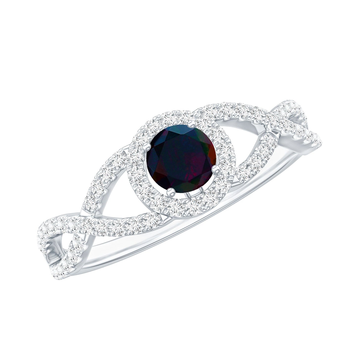 Natural Black Opal and Diamond Halo Engagement Ring
