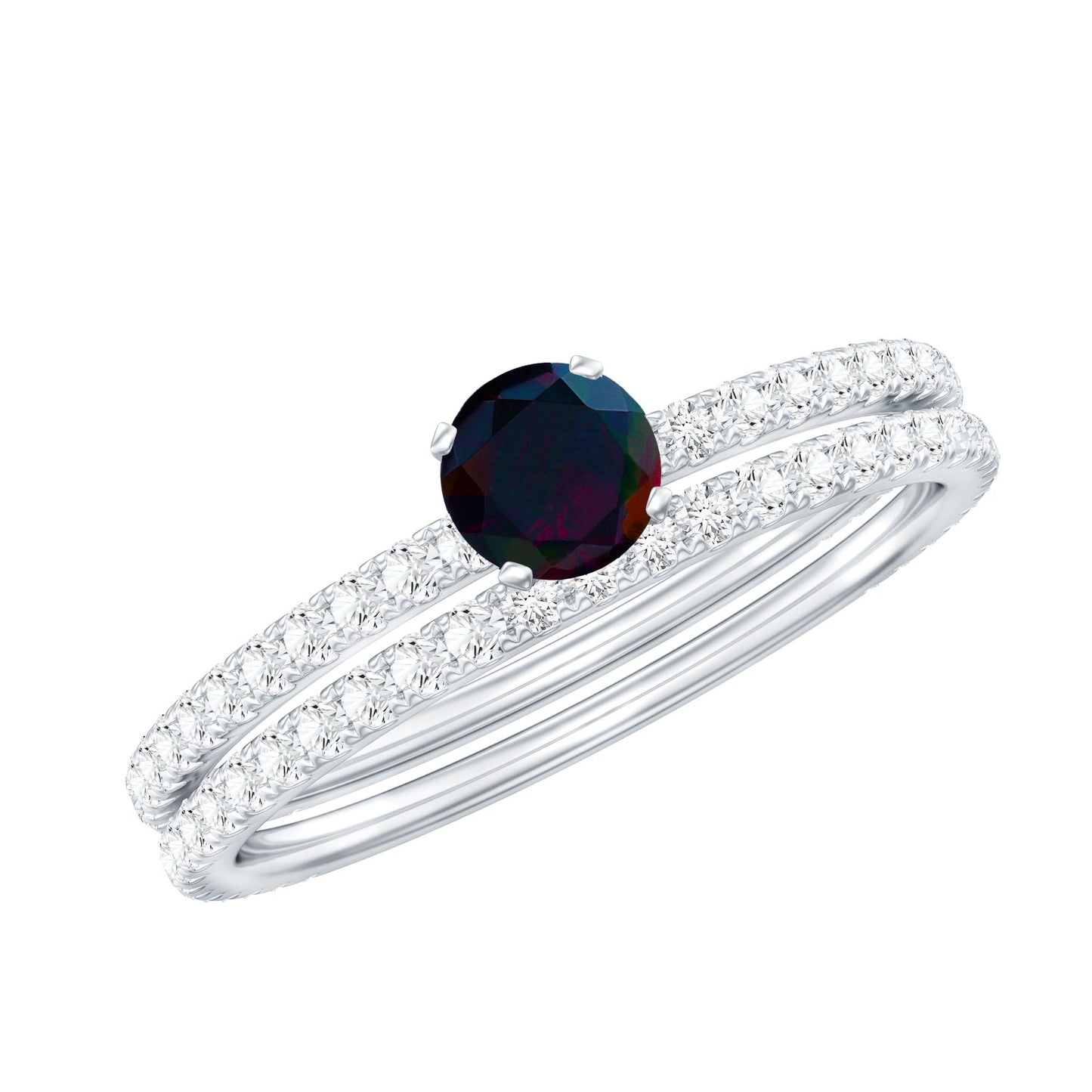 0.4 Carat Minimal Wedding Ring Set with Black Opal and Diamond