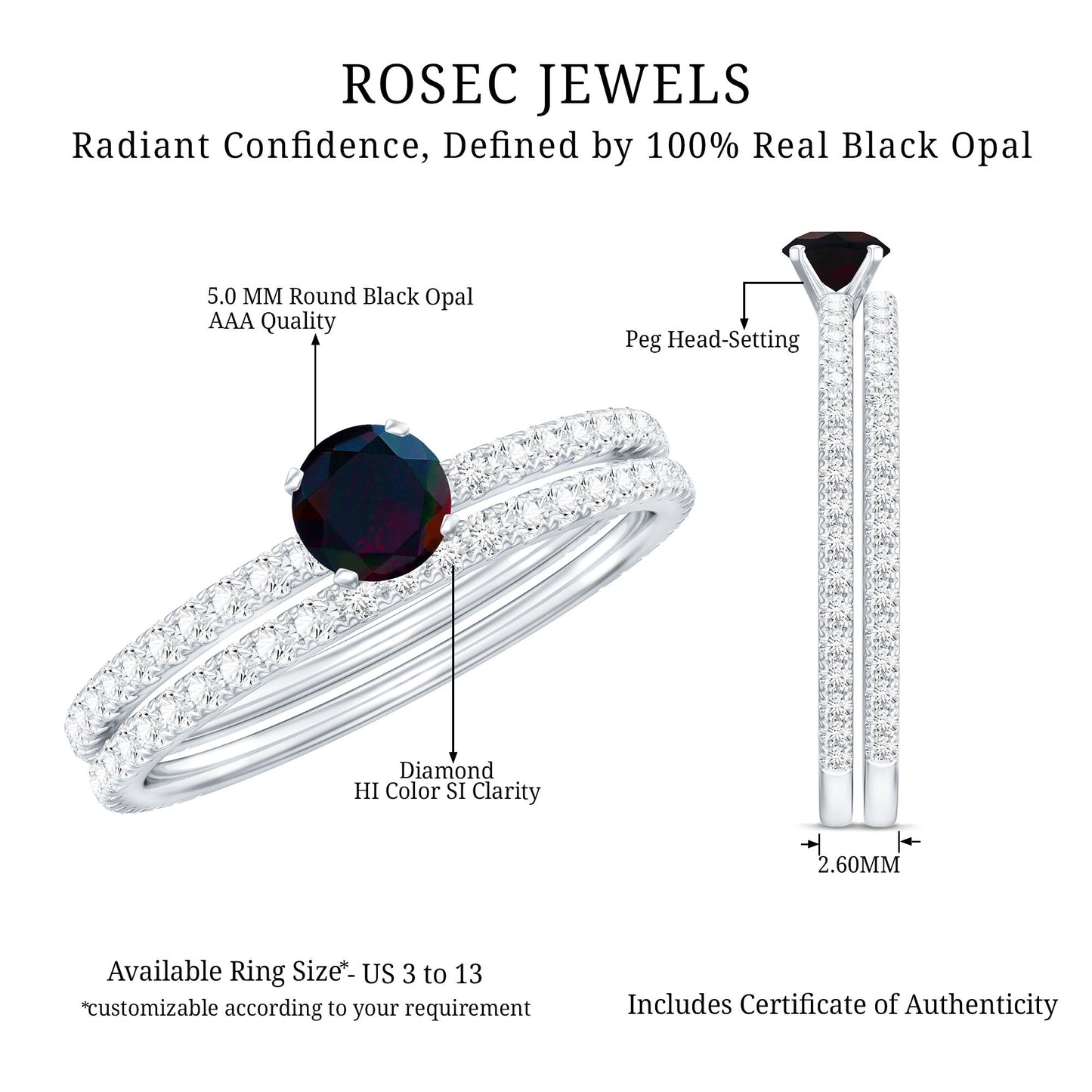 0.4 Carat Minimal Wedding Ring Set with Black Opal and Diamond