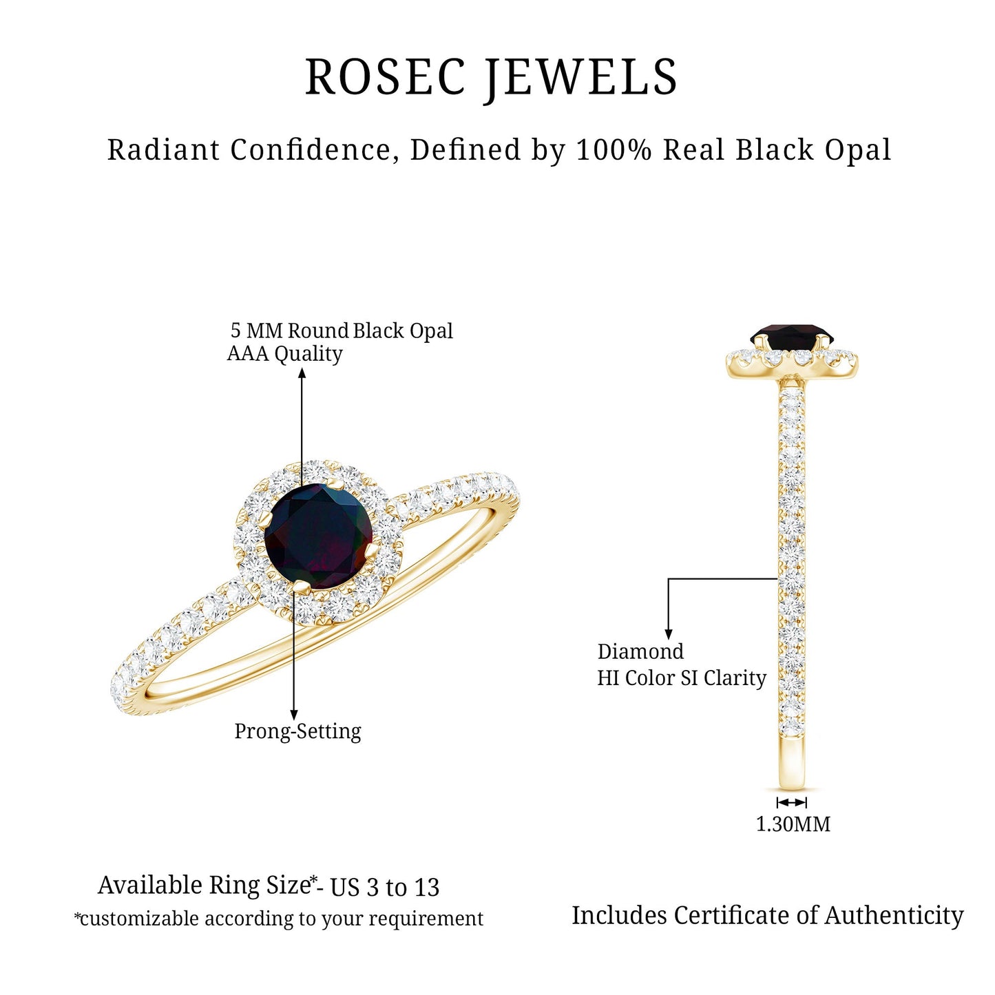 Genuine Black Opal Minimal Promise Ring with Diamond Halo