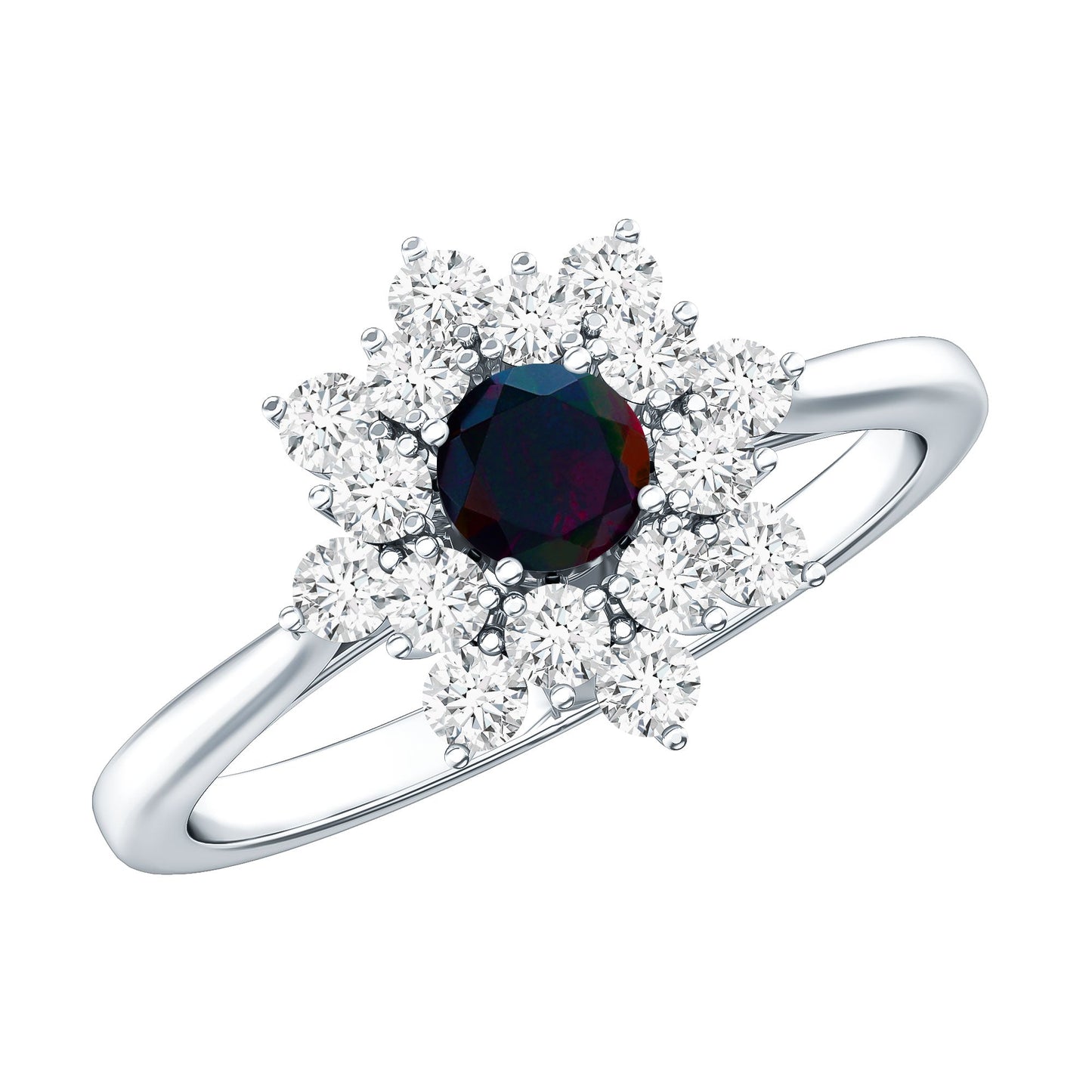 Black Opal and Diamond Flower Cluster Engagement Ring