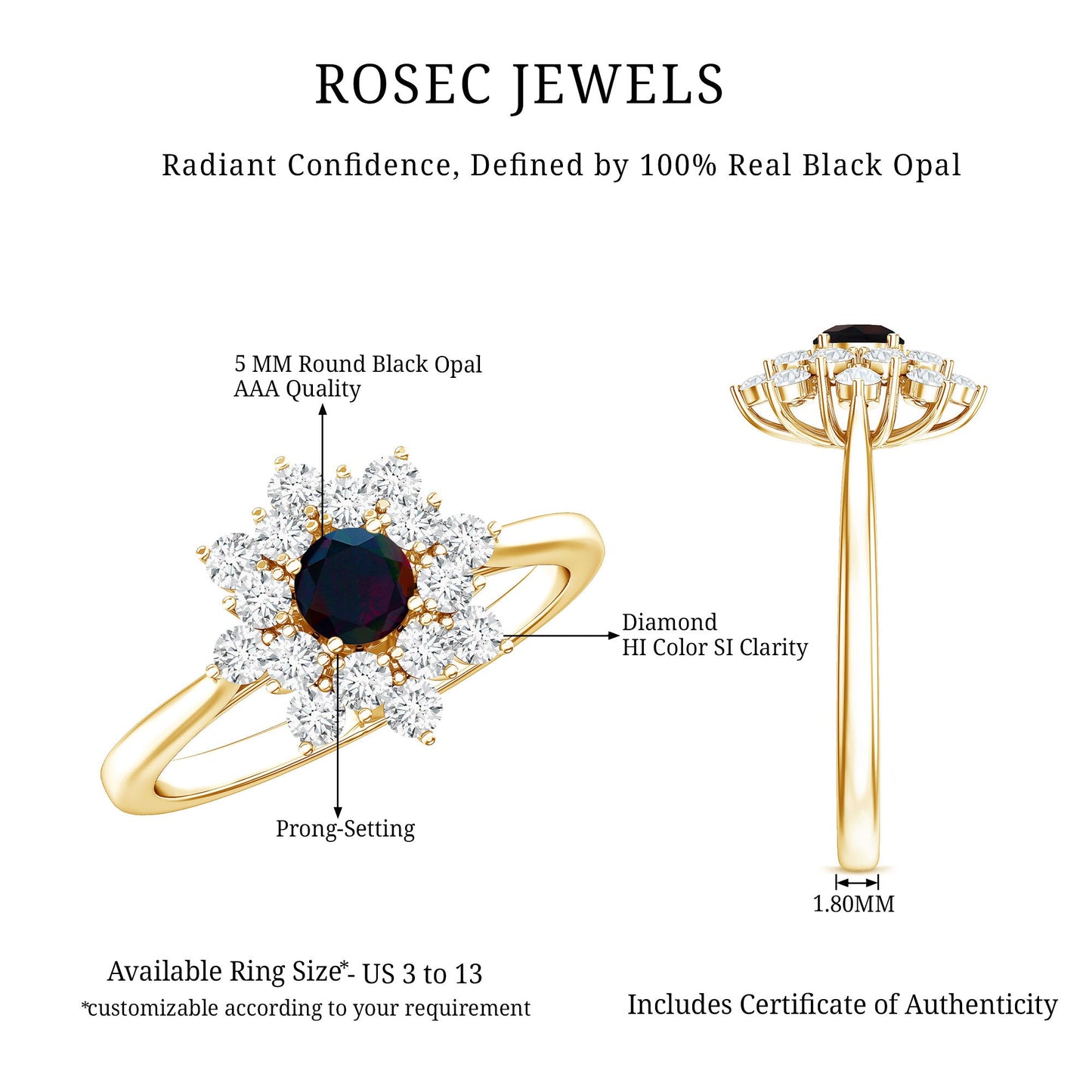 Black Opal and Diamond Flower Cluster Engagement Ring