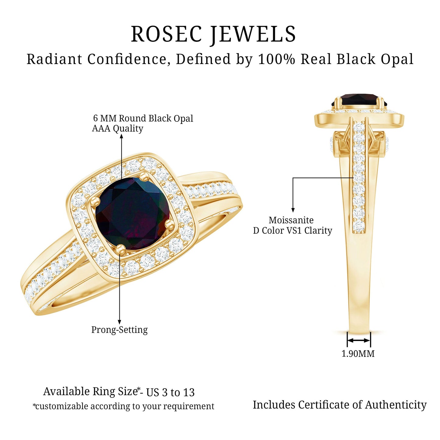 Classic Black Opal Engagement Ring with Moissanite Accent