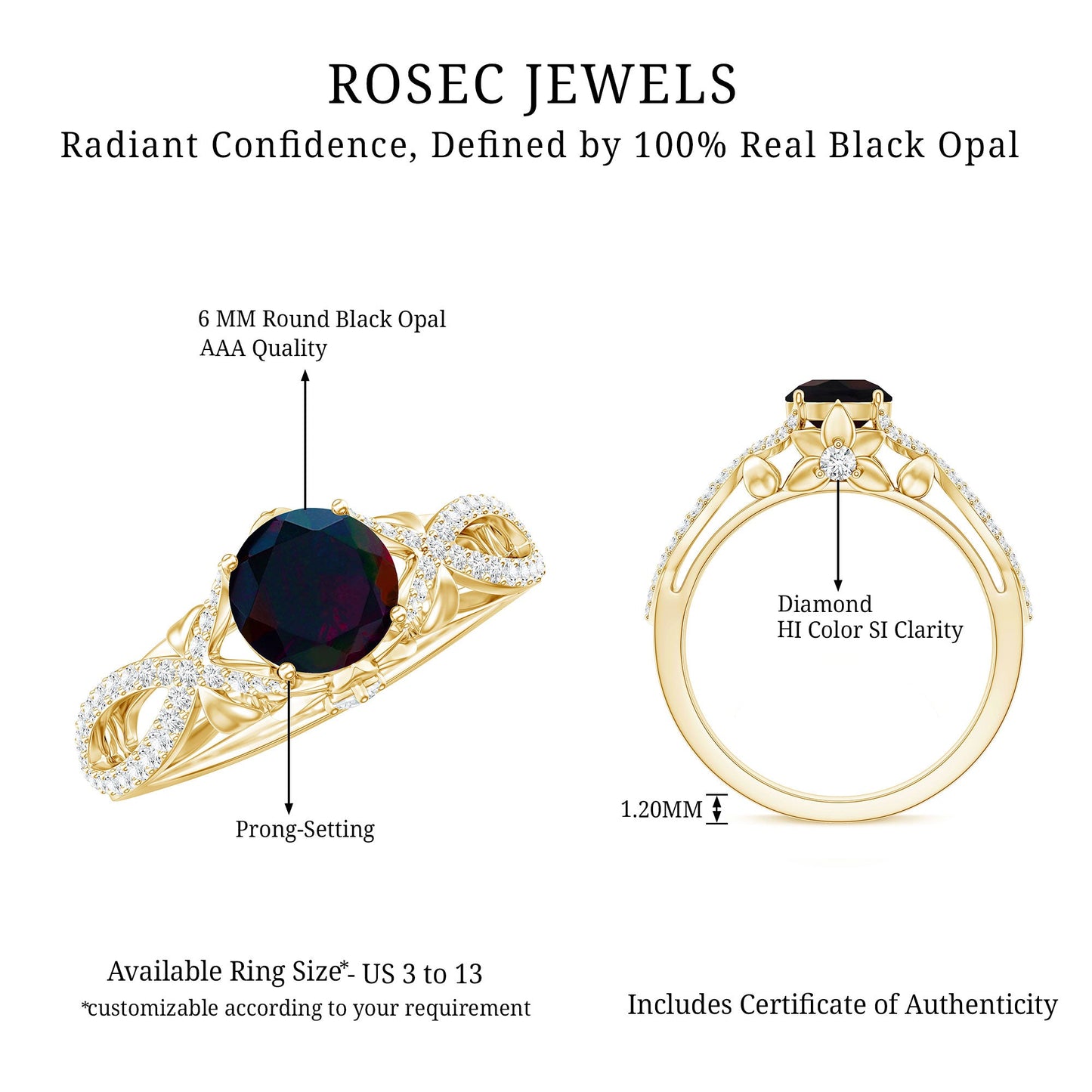 Natural Black Opal Crossover Engagement Ring with Diamond