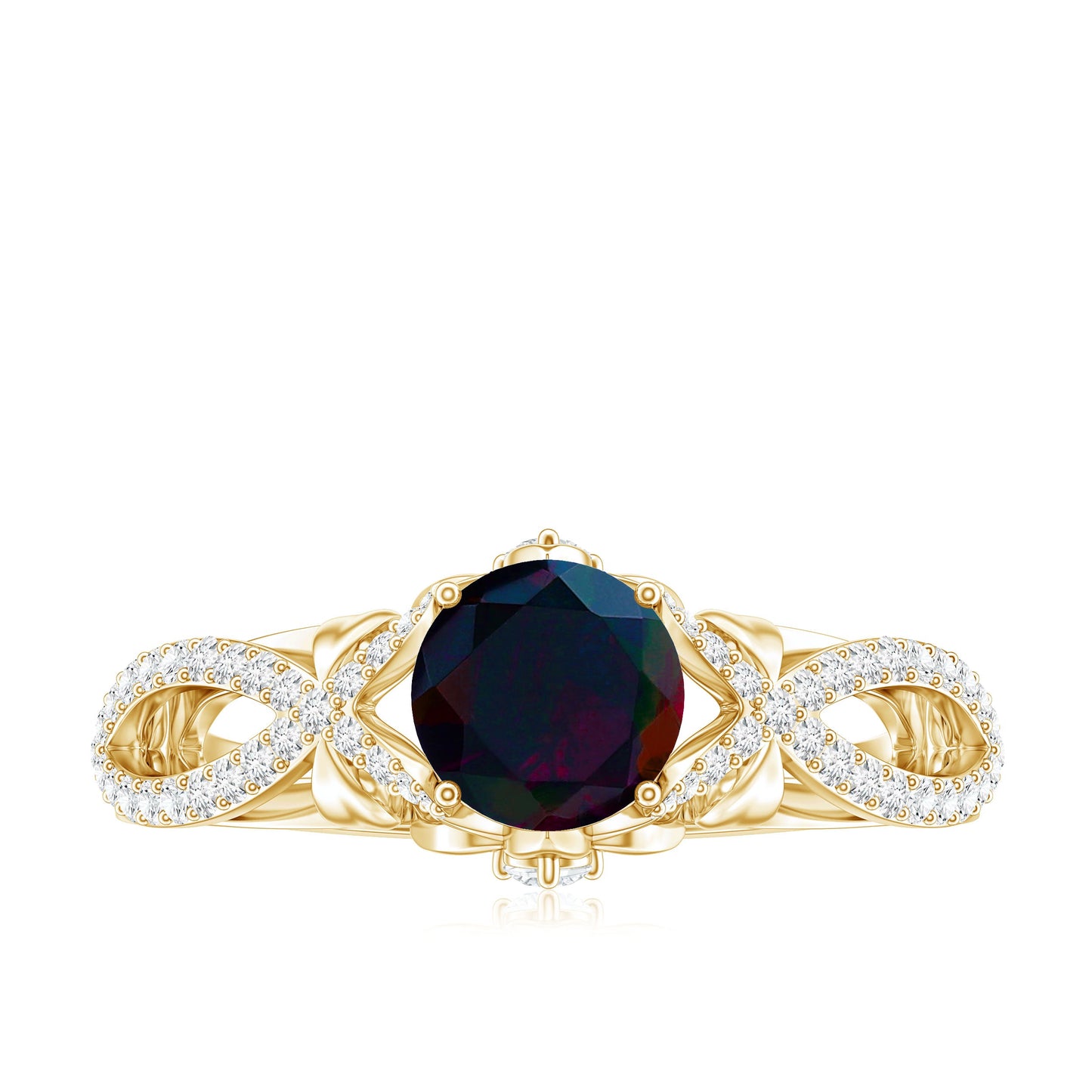 Natural Black Opal Crossover Engagement Ring with Diamond