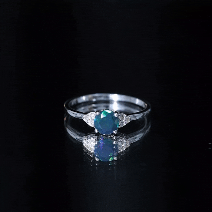Real Black Opal Round Engagement Ring with Diamond Trio