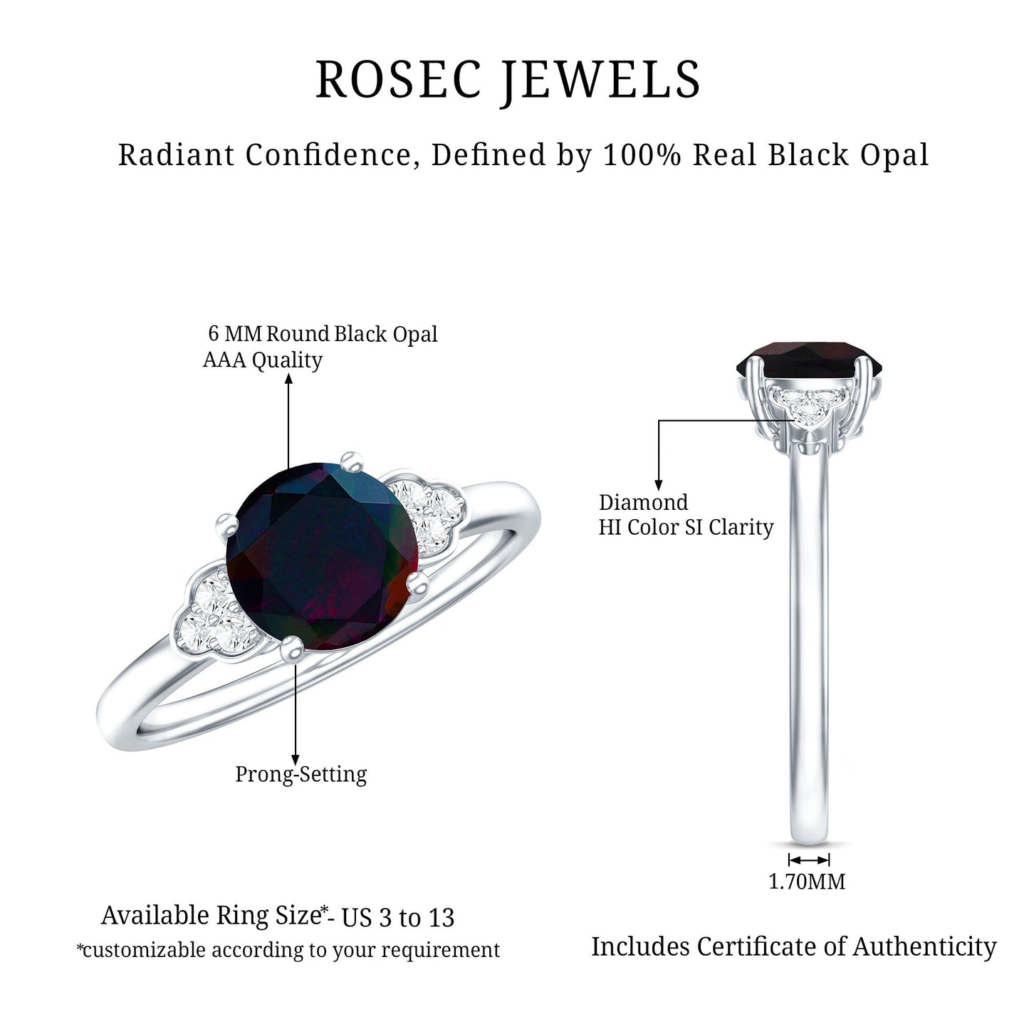 Real Black Opal Round Engagement Ring with Diamond Trio