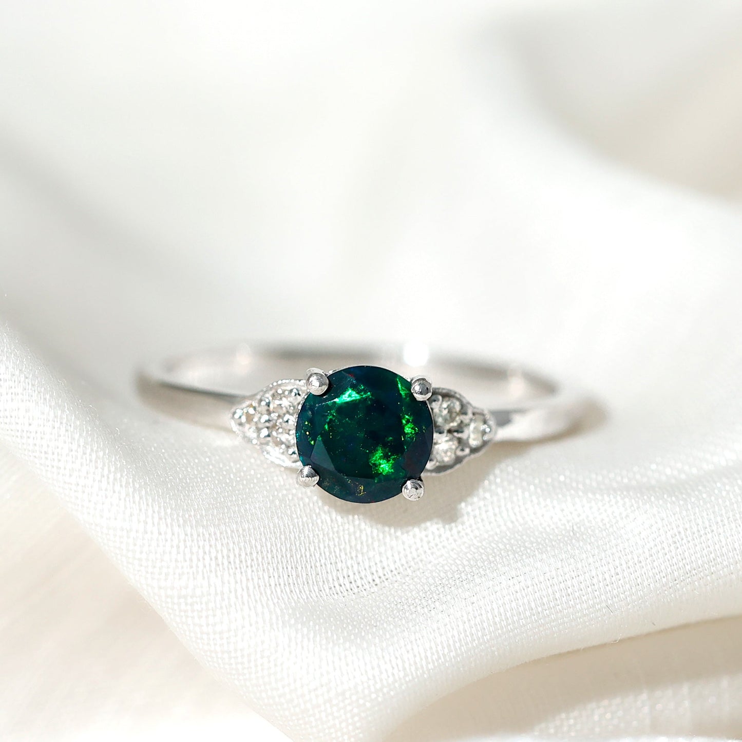 Real Black Opal Round Engagement Ring with Diamond Trio