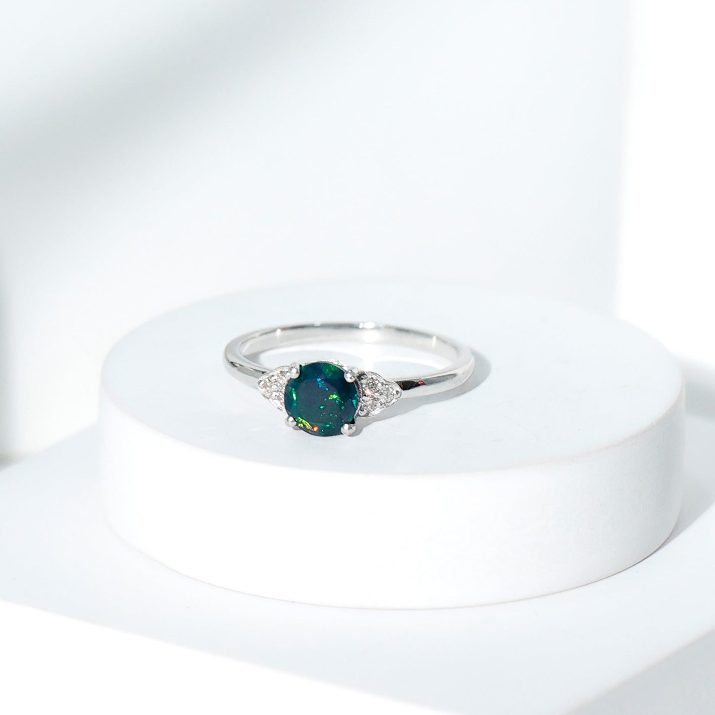 Real Black Opal Round Engagement Ring with Diamond Trio