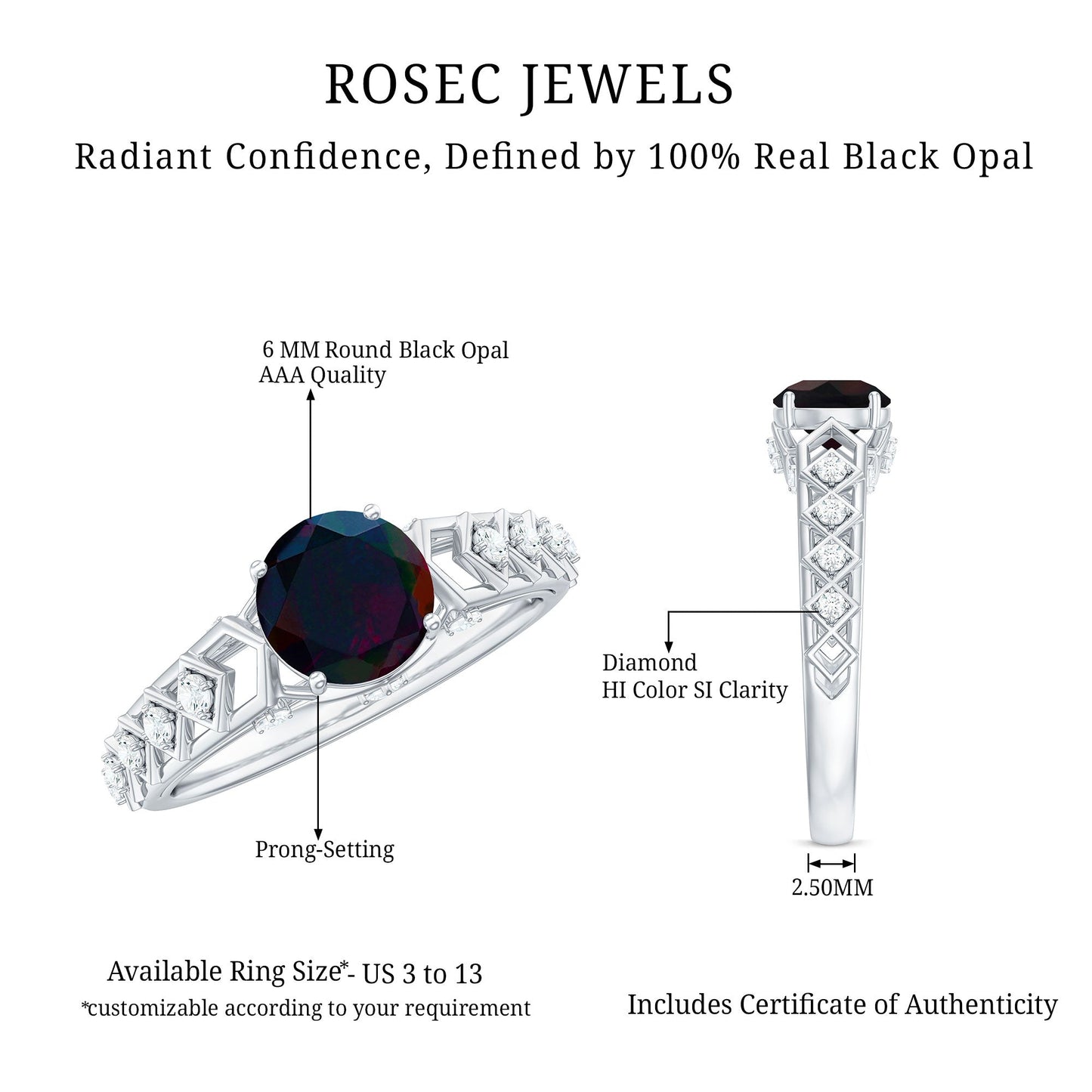 0.8 Carat Round Black Opal Solitaire Art Deco Ring with Diamond