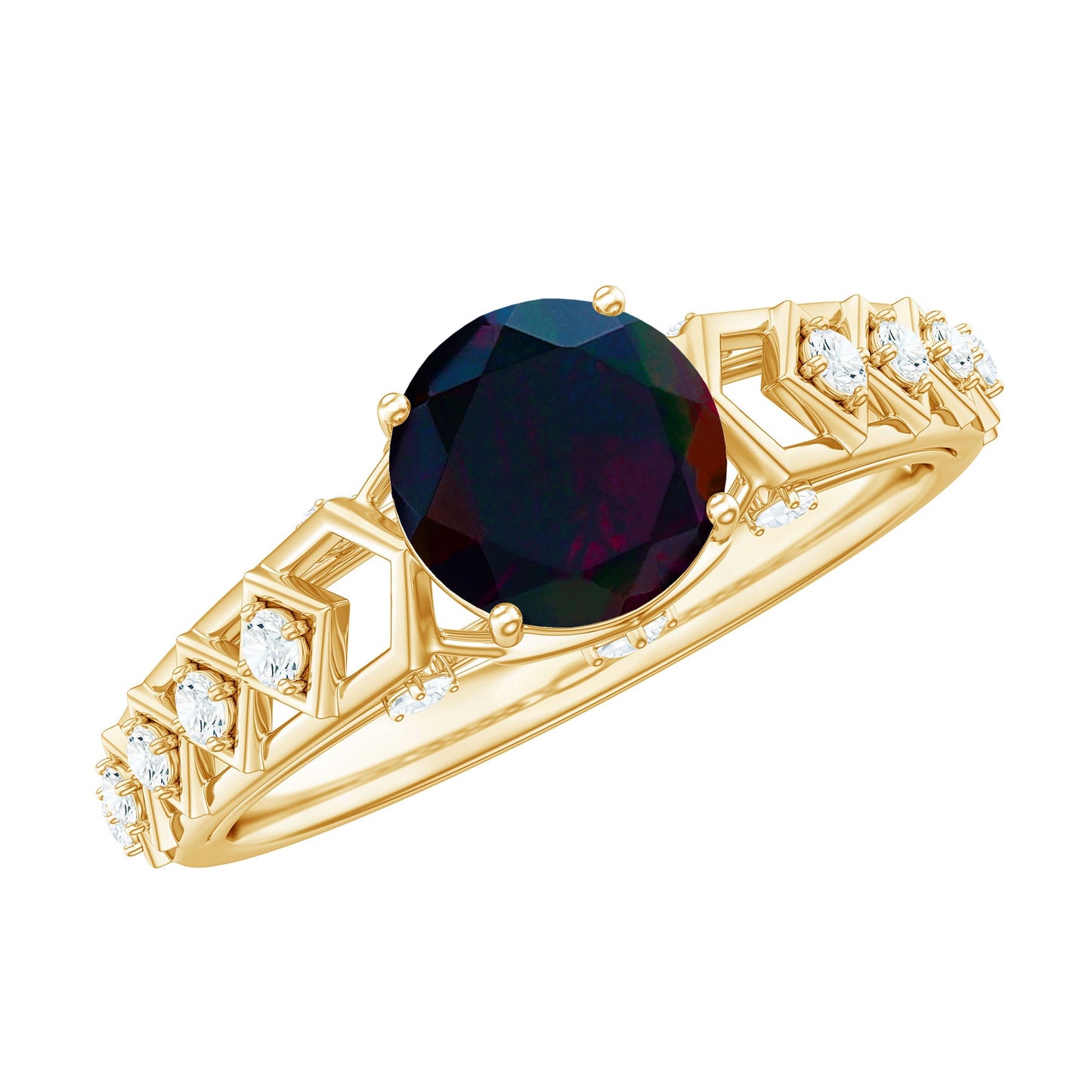 0.8 Carat Round Black Opal Solitaire Art Deco Ring with Diamond