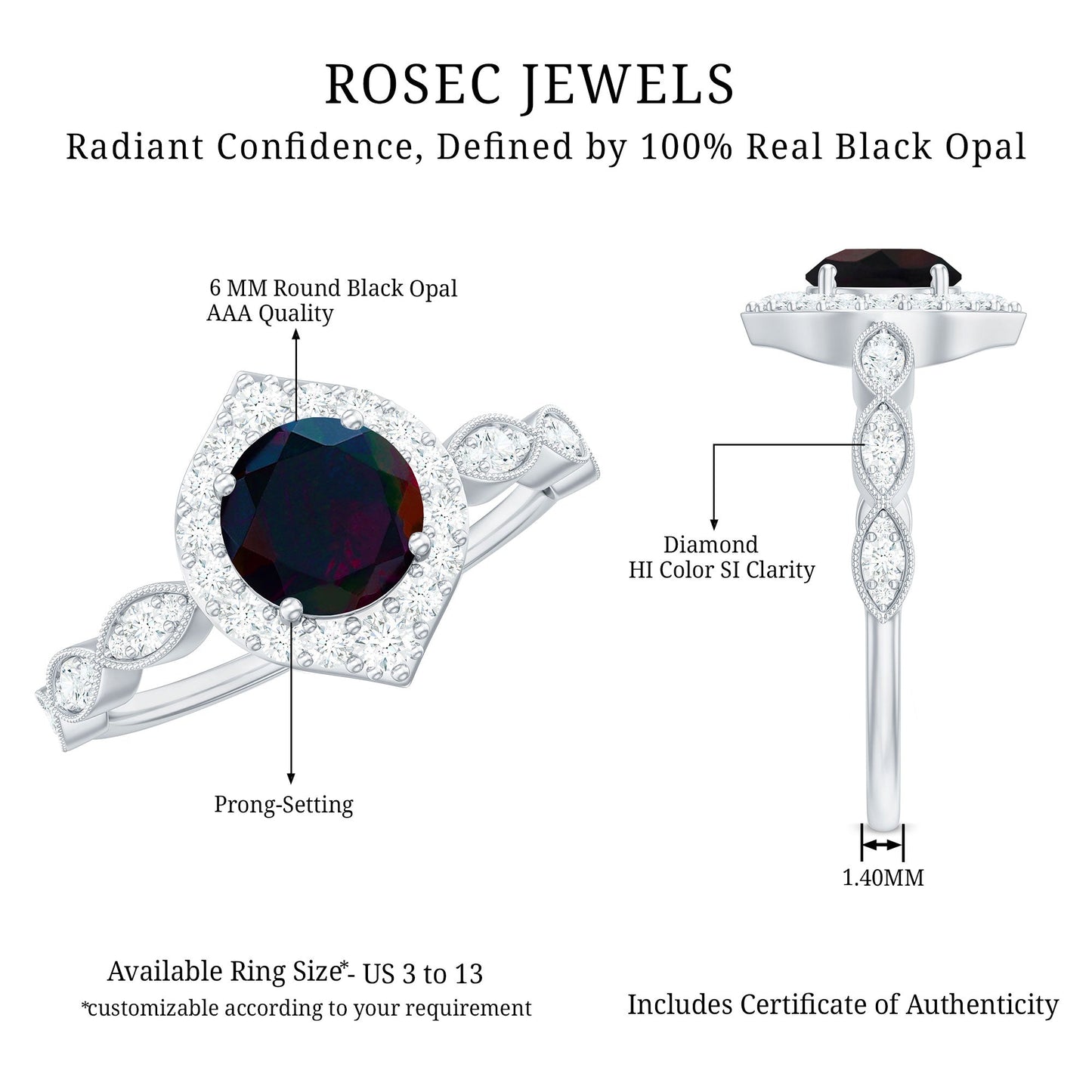0.8 Carat Black Opal Vintage Engagement Ring with Diamond Accent