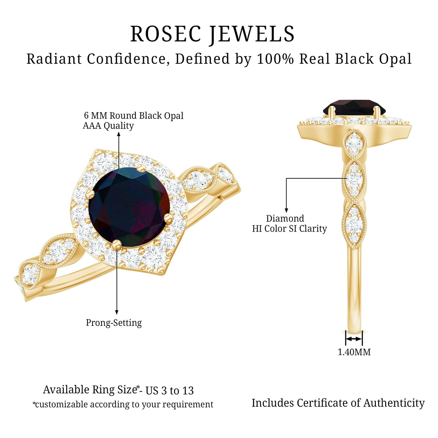 0.8 Carat Black Opal Vintage Engagement Ring with Diamond Accent