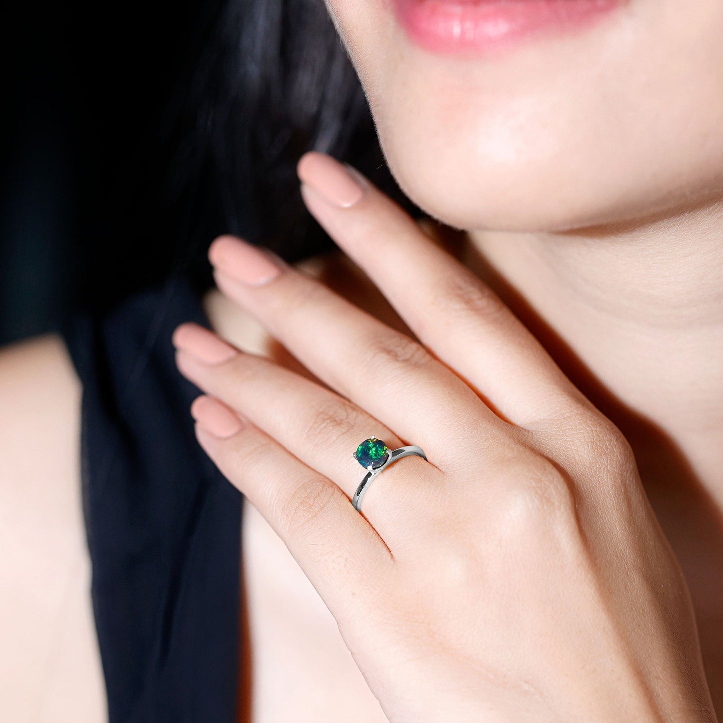 Genuine Black Opal Solitaire Ring for Women