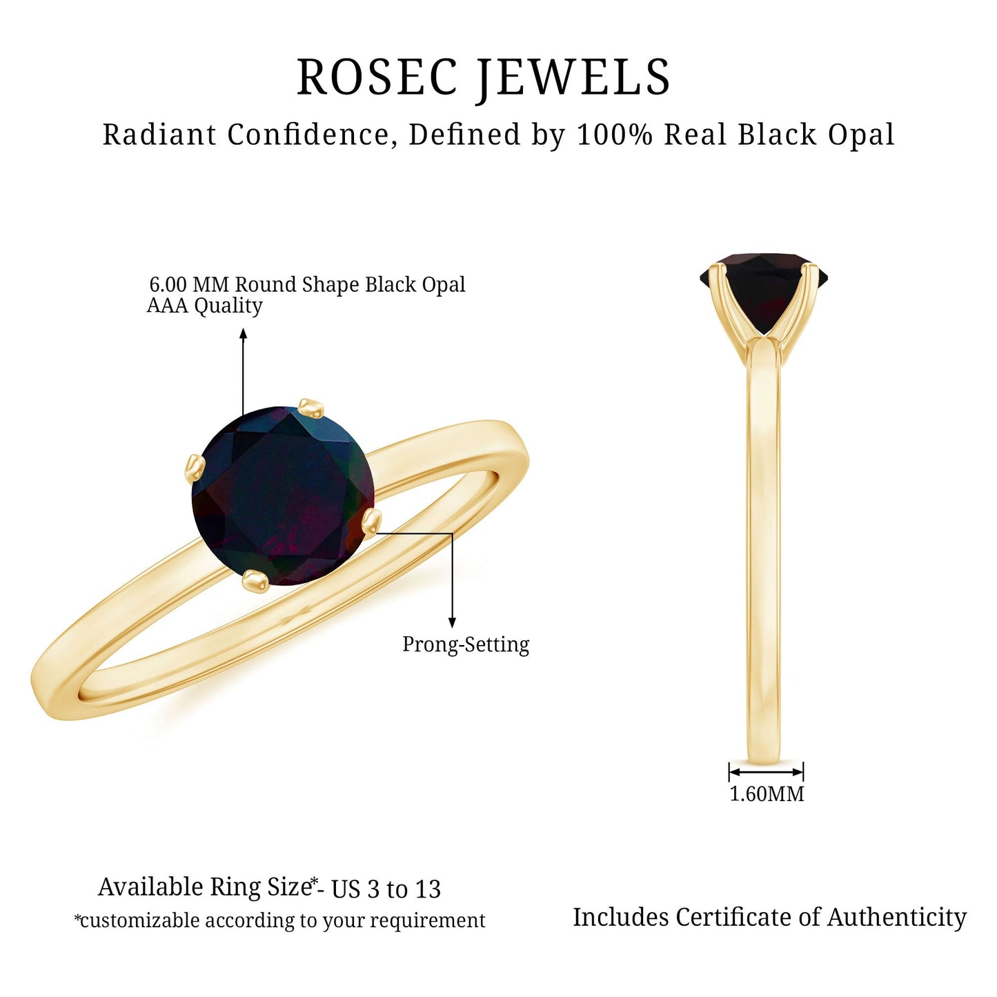 Genuine Black Opal Solitaire Ring for Women