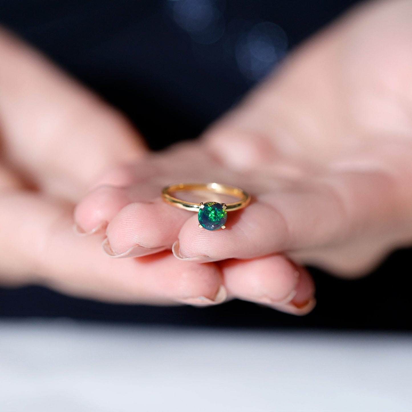 Genuine Black Opal Solitaire Ring for Women
