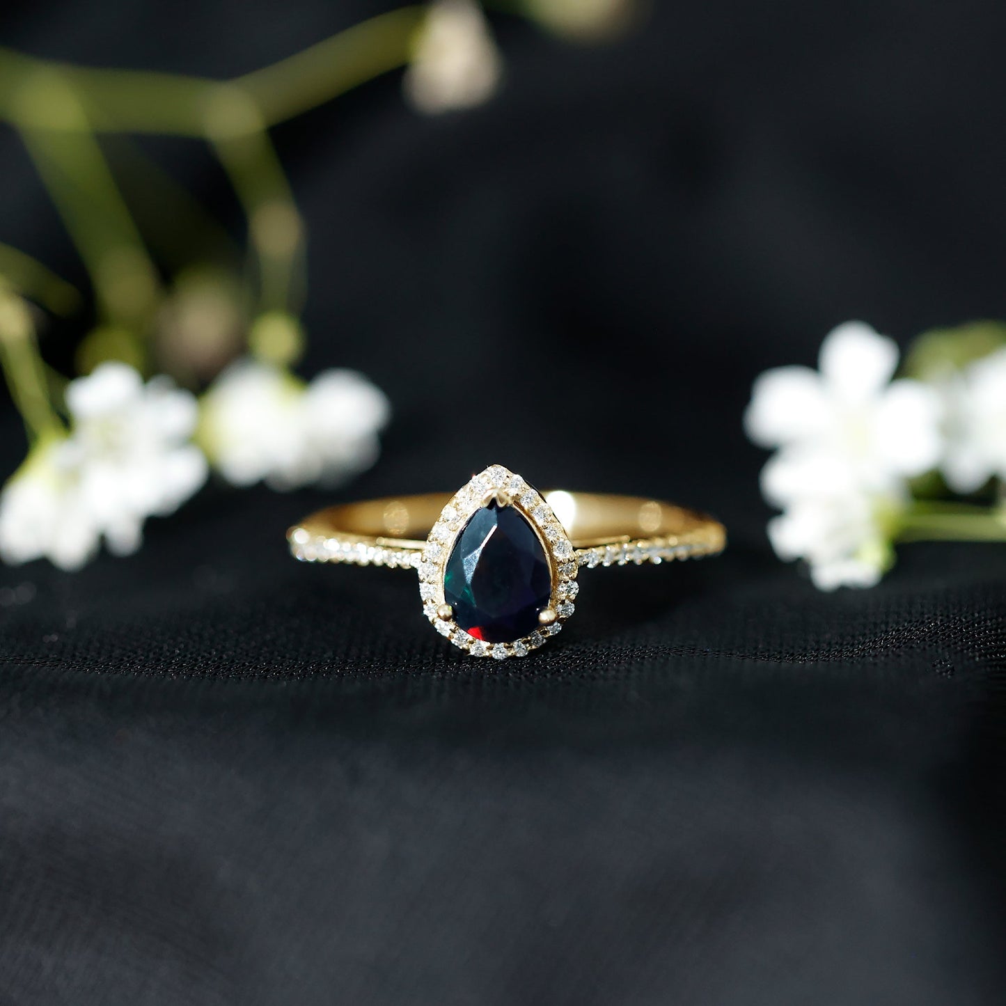Pear Shape 1 CT Black Opal Engagement Ring with Diamond Halo