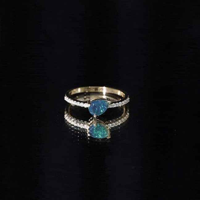 Pear Shape Black Opal Promise Ring with Diamond Side Stones